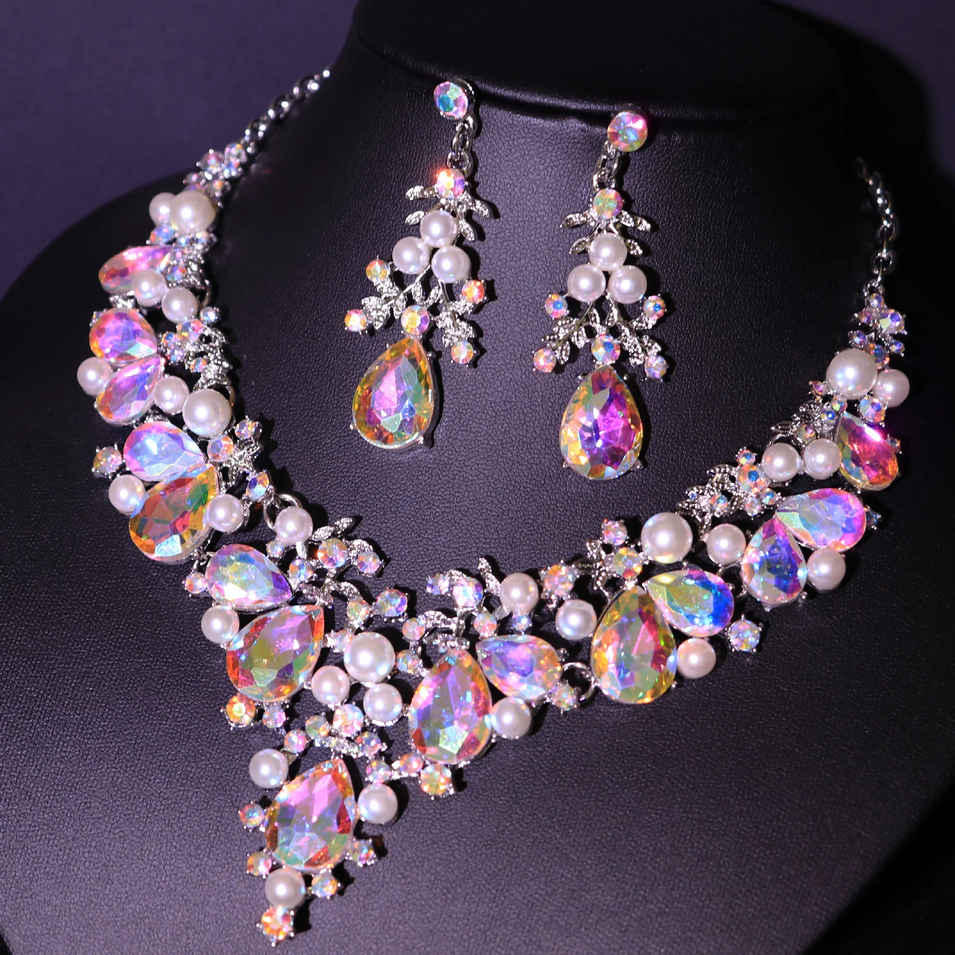 1 set 3 Pieces Rhinestone Jewelry Earrings Necklace For Women's Wedding - Image 2