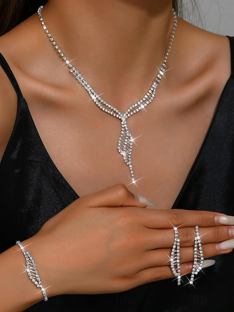 1 set Jewelry Set 4pcs Rhinestone Alloy Earrings Necklace Bracelets Women's Elegant Vintage Fashion Jewelry Set For Wedding Party - Image 4