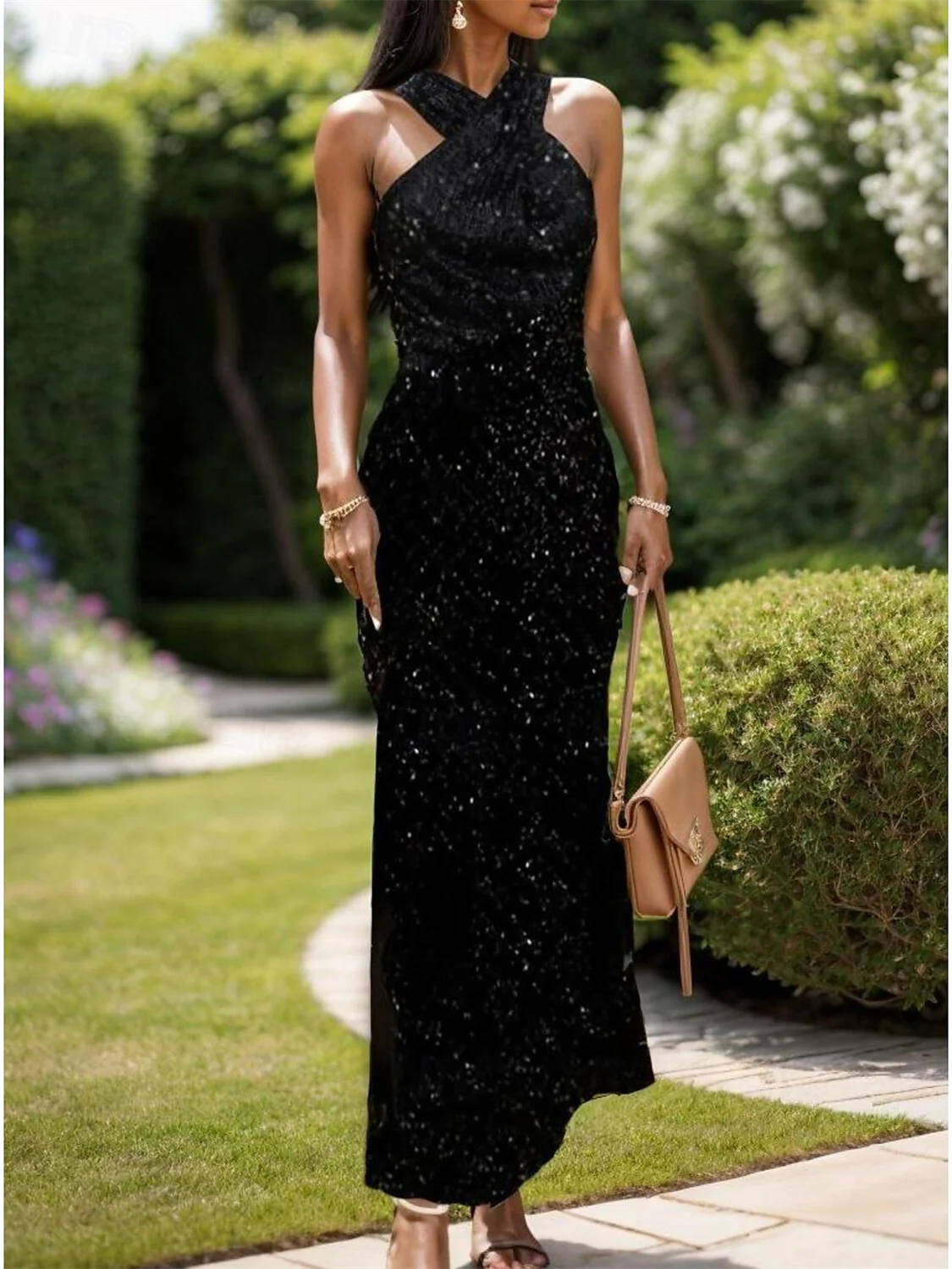 1920s Column/Sheath Wedding Guest Halter Neck Sleeveless Ankle Length Cocktail Dresses - Image 2