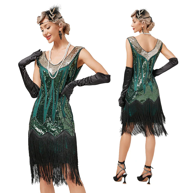 1920s Sheath/Column V-Neck Sequins Vintage Costume Party Dresses - Image 3