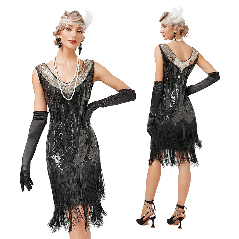 1920s Sheath/Column V-Neck Sequins Vintage Costume Party Dresses - Image 4