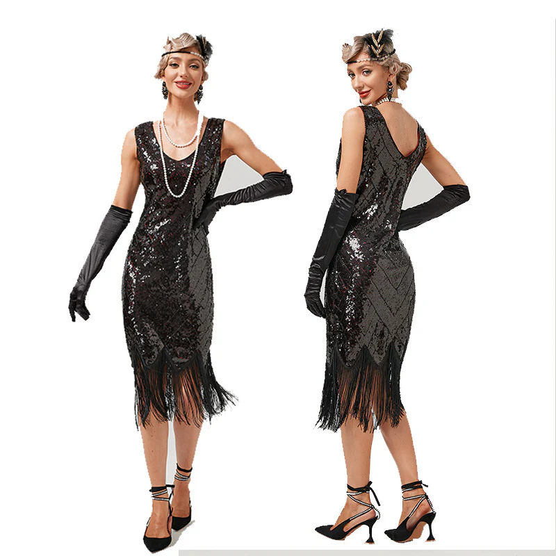 1920s The Great Gatsby Outfit Sheath/Column V-Neck Sequins Vintage Dresses - Image 2