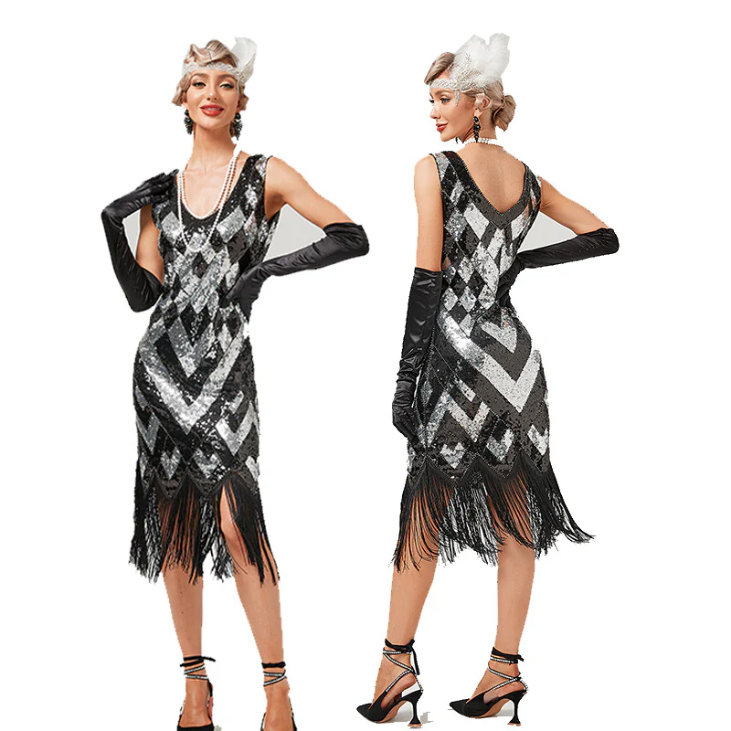 1920s The Great Gatsby Outfit Sheath/Column V-Neck Sequins Vintage Dresses - Image 3