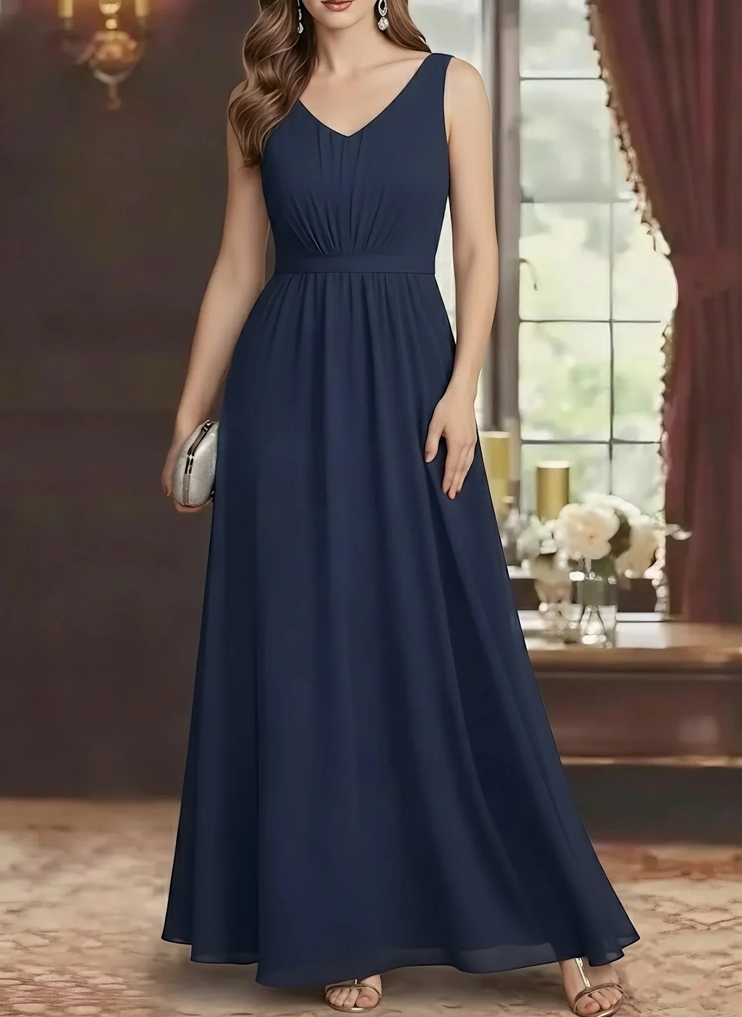 2 Piece A-Line/Princess V-Neck Chiffon Mother of the Bride Dresses with Jacket Lace Ankle-Length Long Sleeves - Image 3