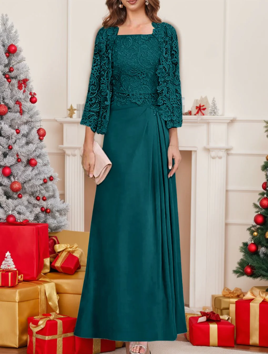 2 Pieces A-Line/Princess Scoop Floor-Length Mother of the Bride Dresses with Pleated & Lace Appliques - Image 58