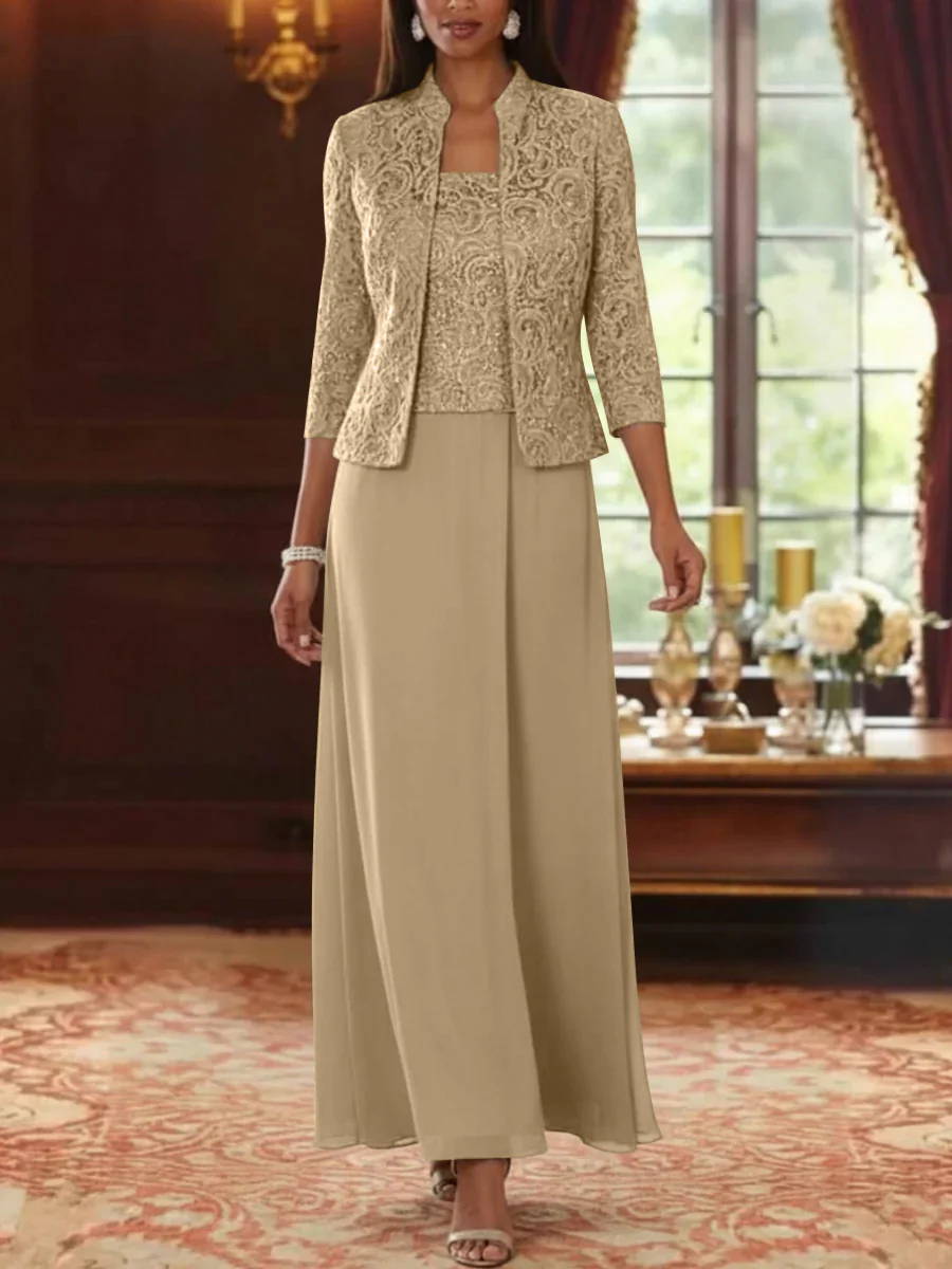 2 Pieces A-Line/Princess Square Collar Chiffon Mother of the Bride Dresses with Jacket Lace Ankle-Length 3/4 Sleeves - Image 12