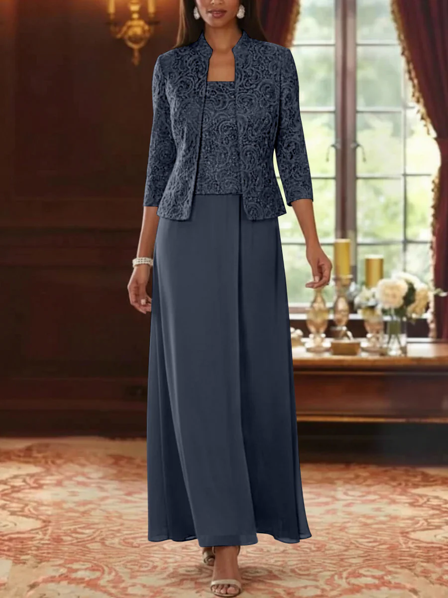 2 Pieces A-Line/Princess Square Collar Chiffon Mother of the Bride Dresses with Jacket Lace Ankle-Length 3/4 Sleeves - Image 18
