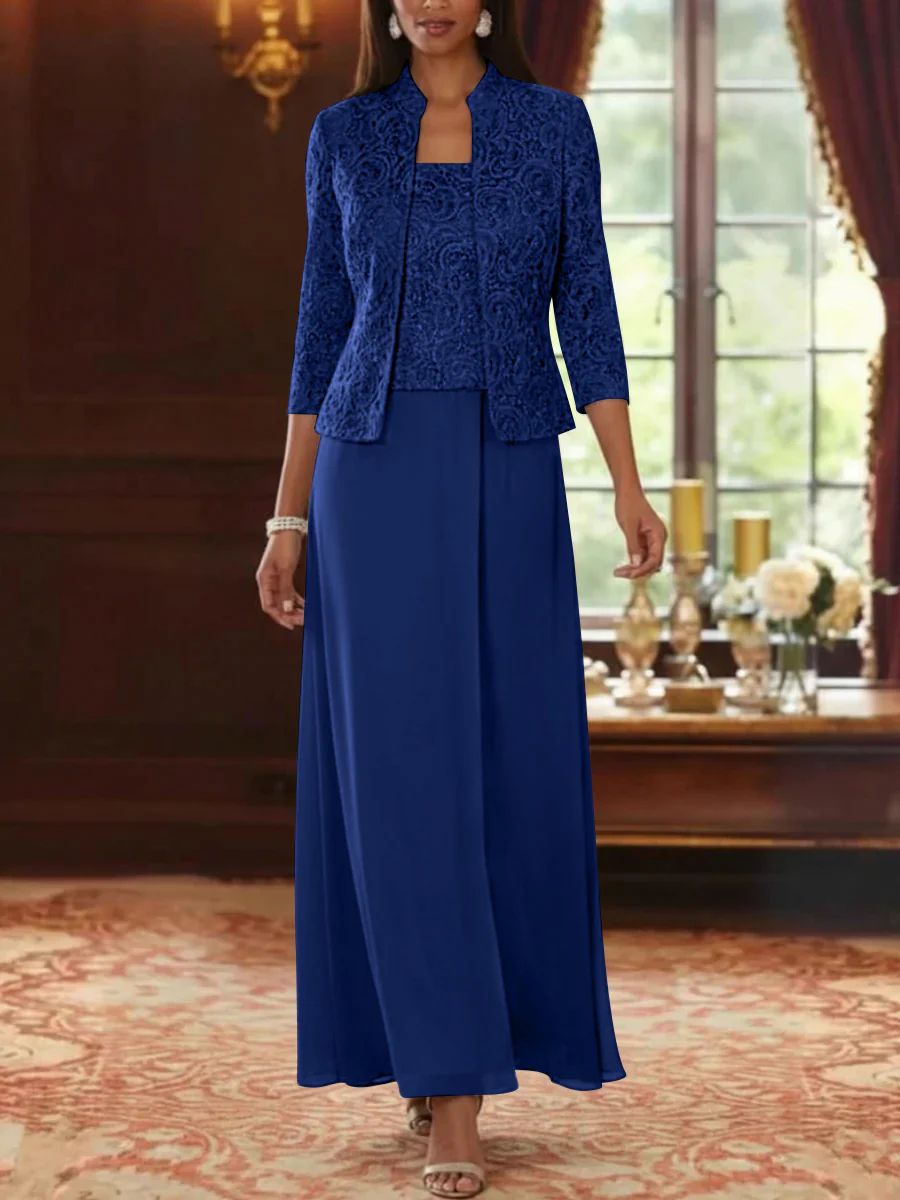 2 Pieces A-Line/Princess Square Collar Chiffon Mother of the Bride Dresses with Jacket Lace Ankle-Length 3/4 Sleeves - Image 28
