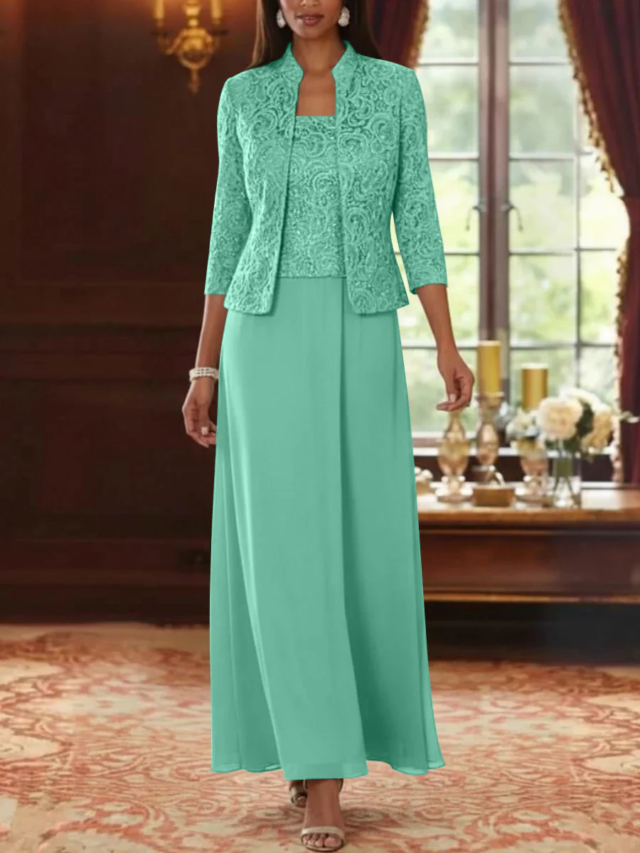 2 Pieces A-Line/Princess Square Collar Chiffon Mother of the Bride Dresses with Jacket Lace Ankle-Length 3/4 Sleeves - Image 50