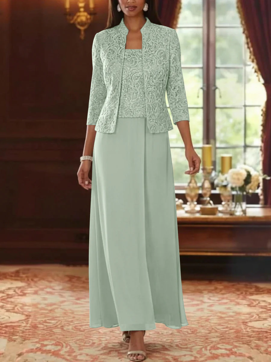 2 Pieces A-Line/Princess Square Collar Chiffon Mother of the Bride Dresses with Jacket Lace Ankle-Length 3/4 Sleeves - Image 8