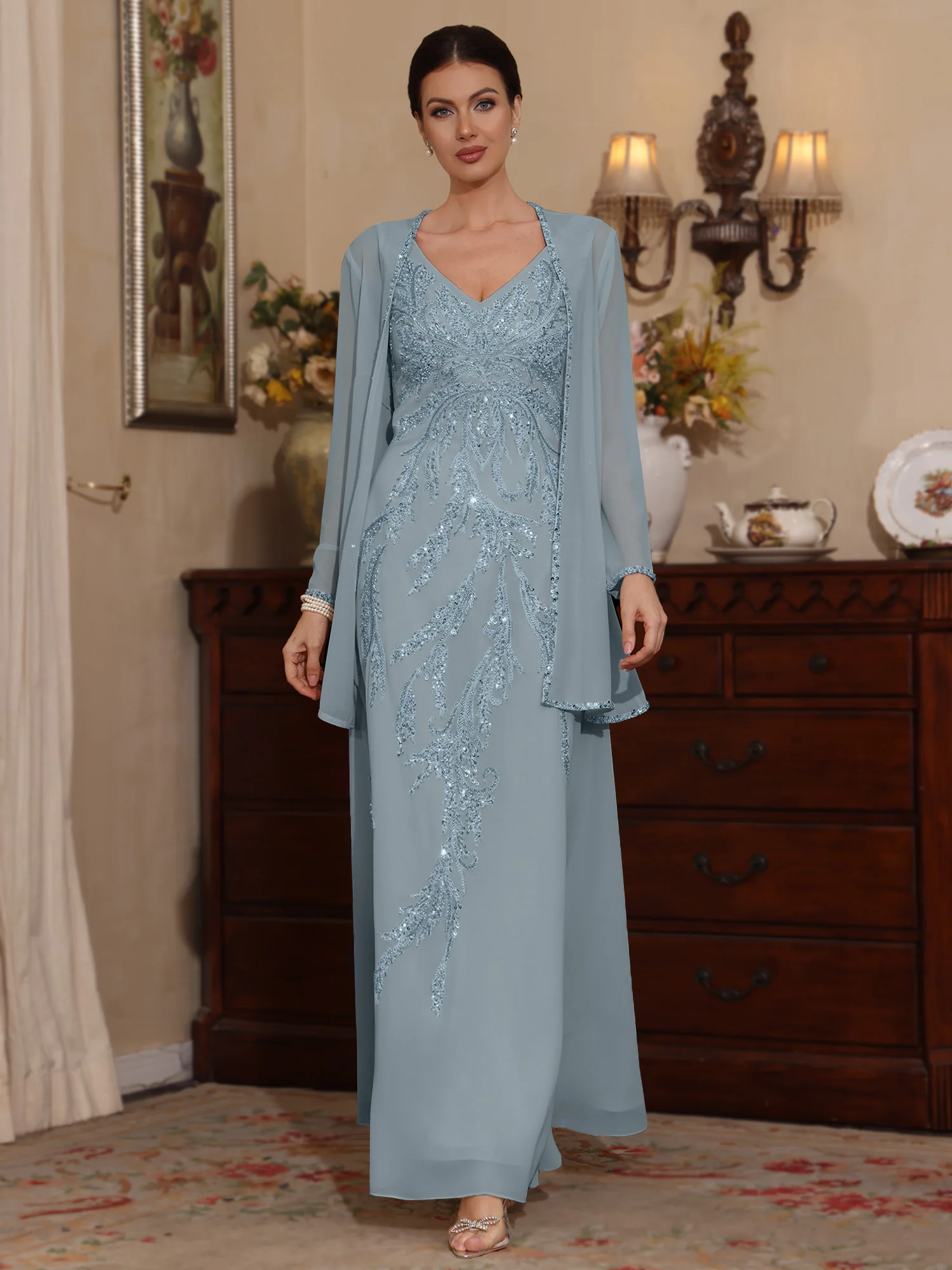 2 Pieces A-Line/Princess V-Neck Chiffon Mother of the Bride Dresses with Jacket Sequins Ankle-Length Long Sleeves - Image 11