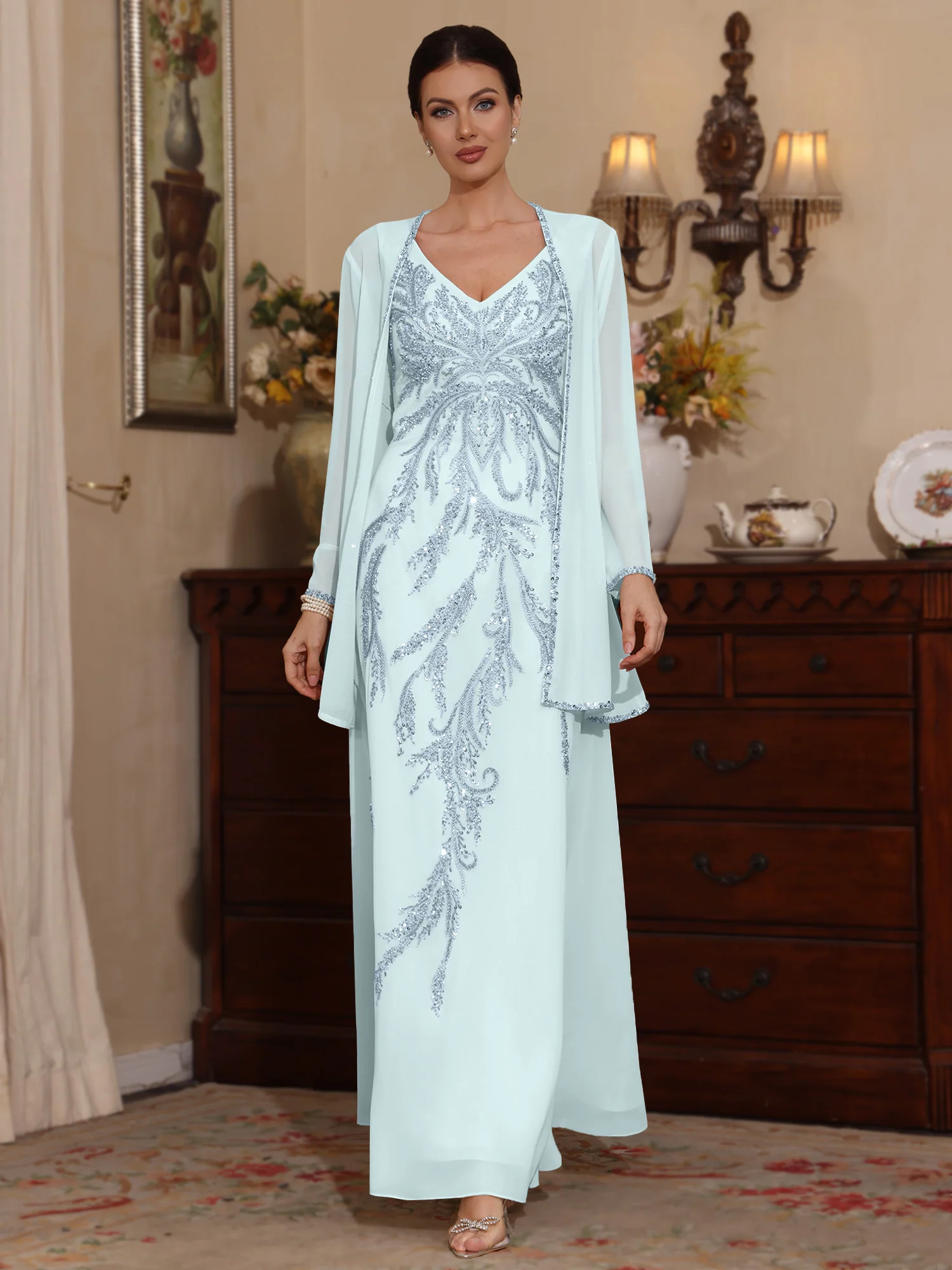 2 Pieces A-Line/Princess V-Neck Chiffon Mother of the Bride Dresses with Jacket Sequins Ankle-Length Long Sleeves - Image 15