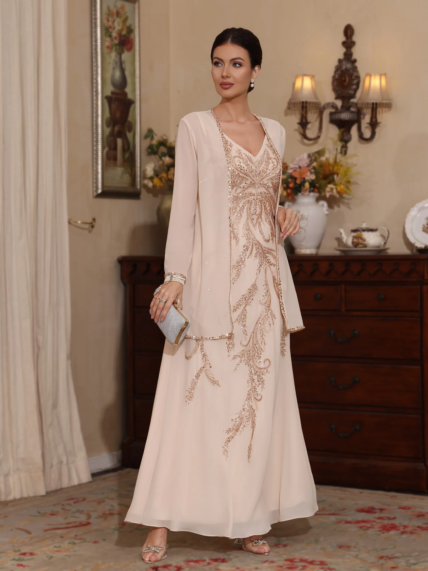 2 Pieces A-Line/Princess V-Neck Chiffon Mother of the Bride Dresses with Jacket Sequins Ankle-Length Long Sleeves - Image 6