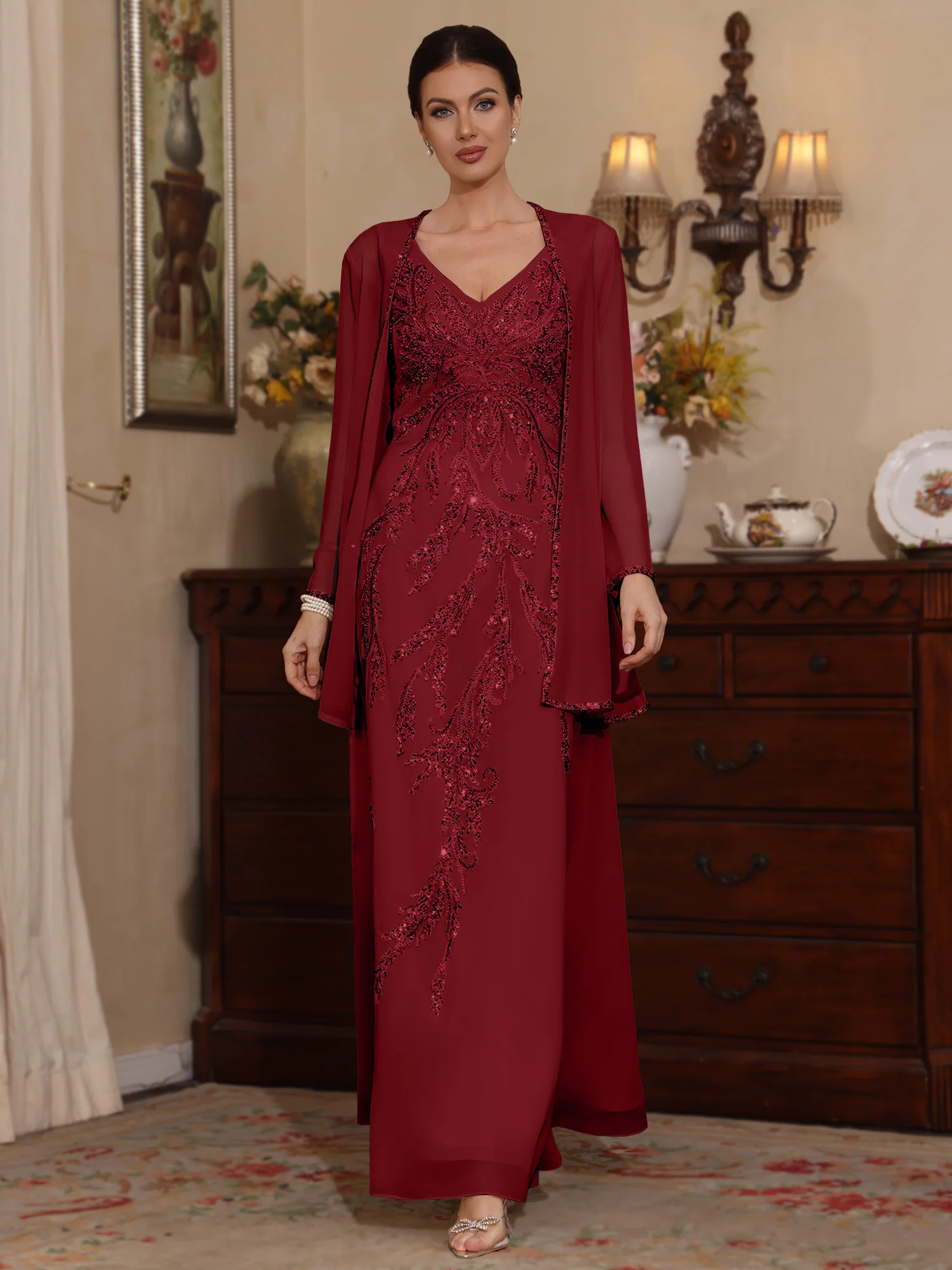 2 Pieces A-Line/Princess V-Neck Chiffon Mother of the Bride Dresses with Jacket Sequins Ankle-Length Long Sleeves - Image 7