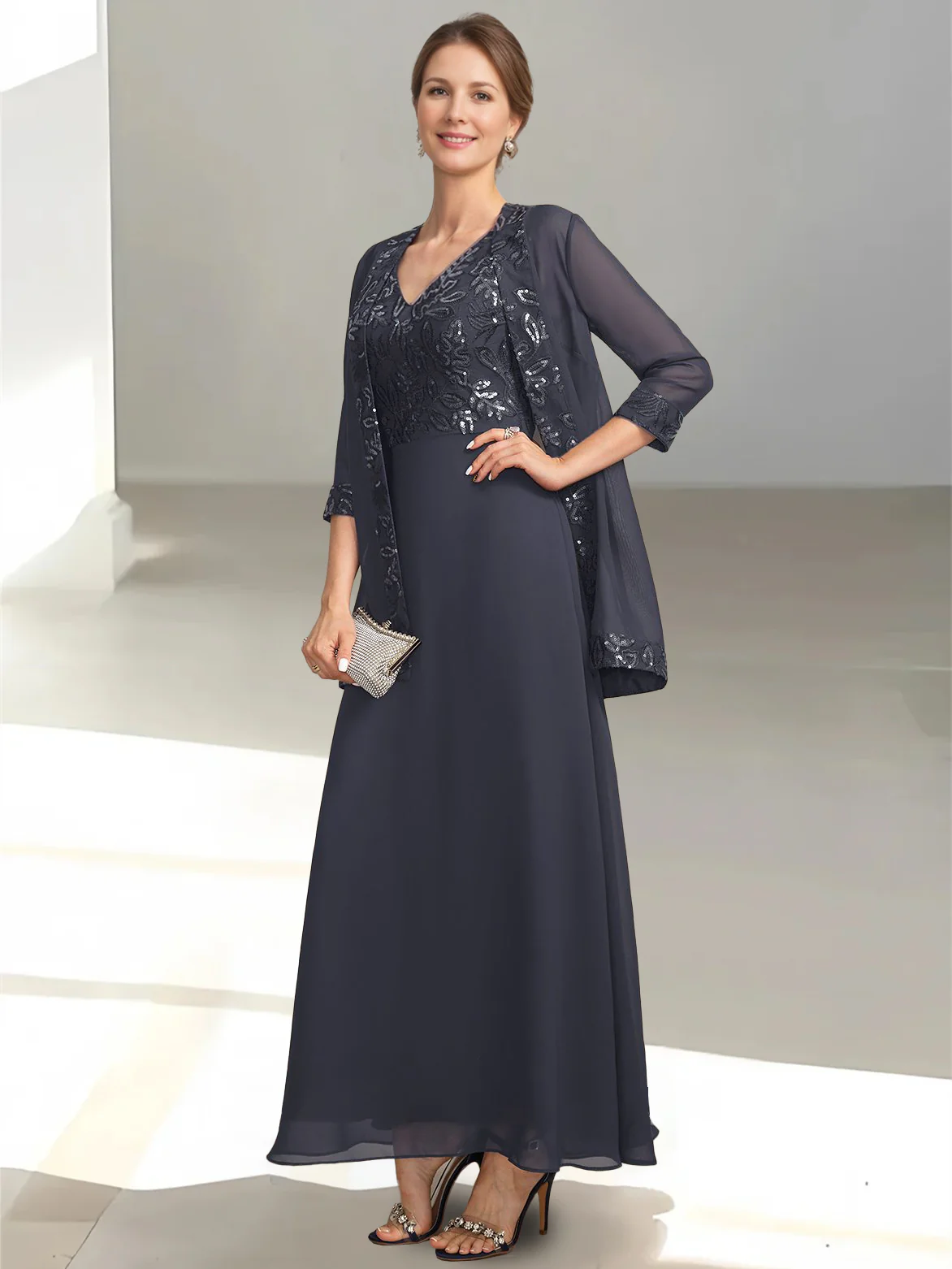 2 Pieces A-Line/Princess V-Neck Sleeveless Ankle-Length Mother of the Bride Dresses with Appliques & Sequins & Jacket - Image 3