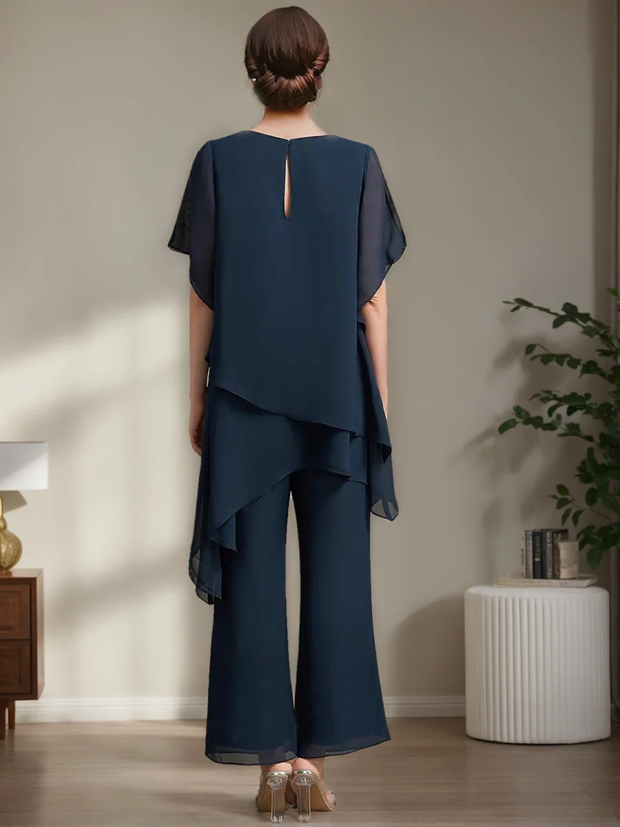 2 Pieces Chiffon Elegant Round Neck Mother of the Bride Pantsuits with Ruffles - Image 2