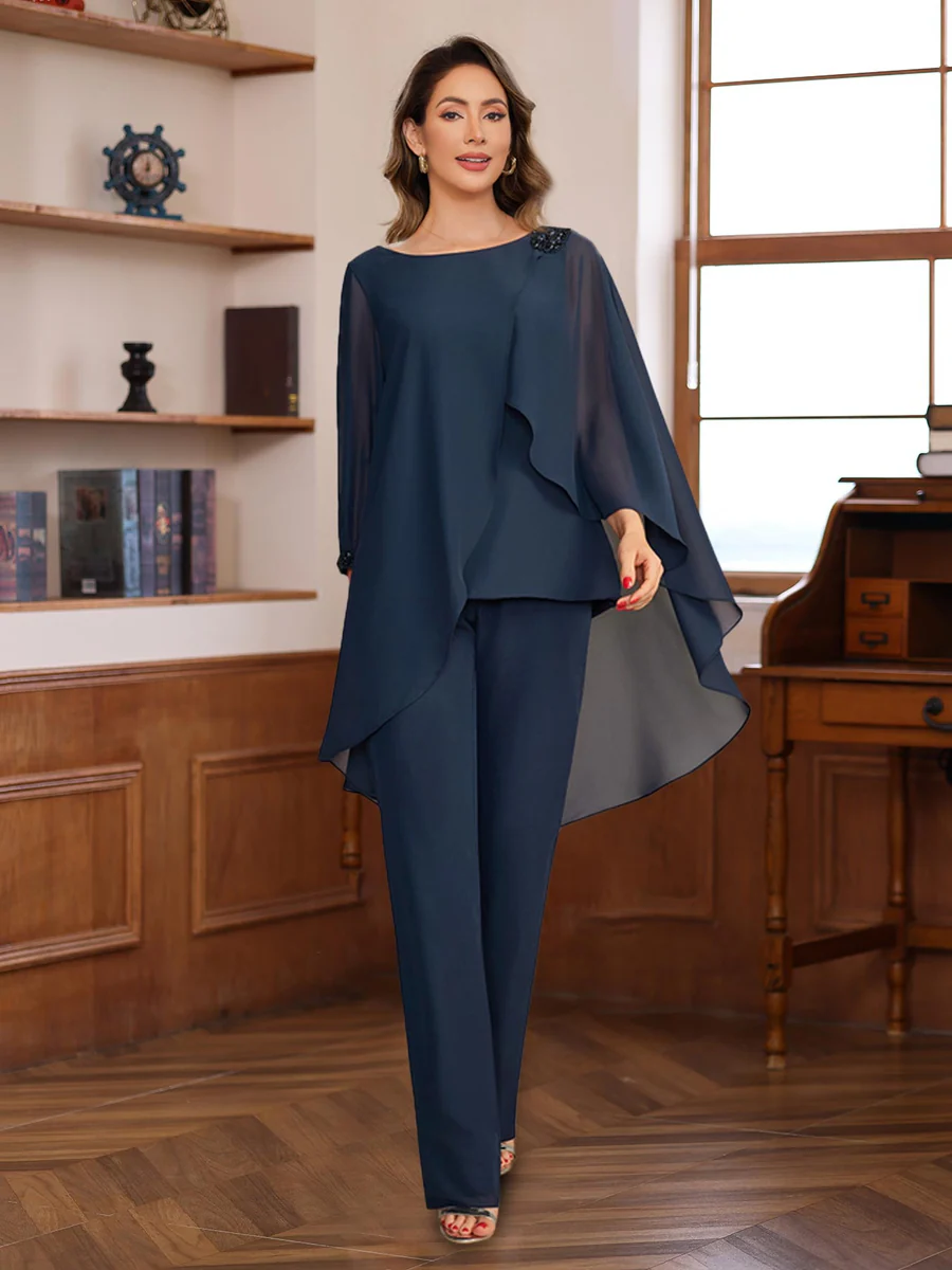 2 Pieces Chiffon Round Neck Floor-Length Mother of the Bride Pantsuits with Ruffles & Sequins & Beading
