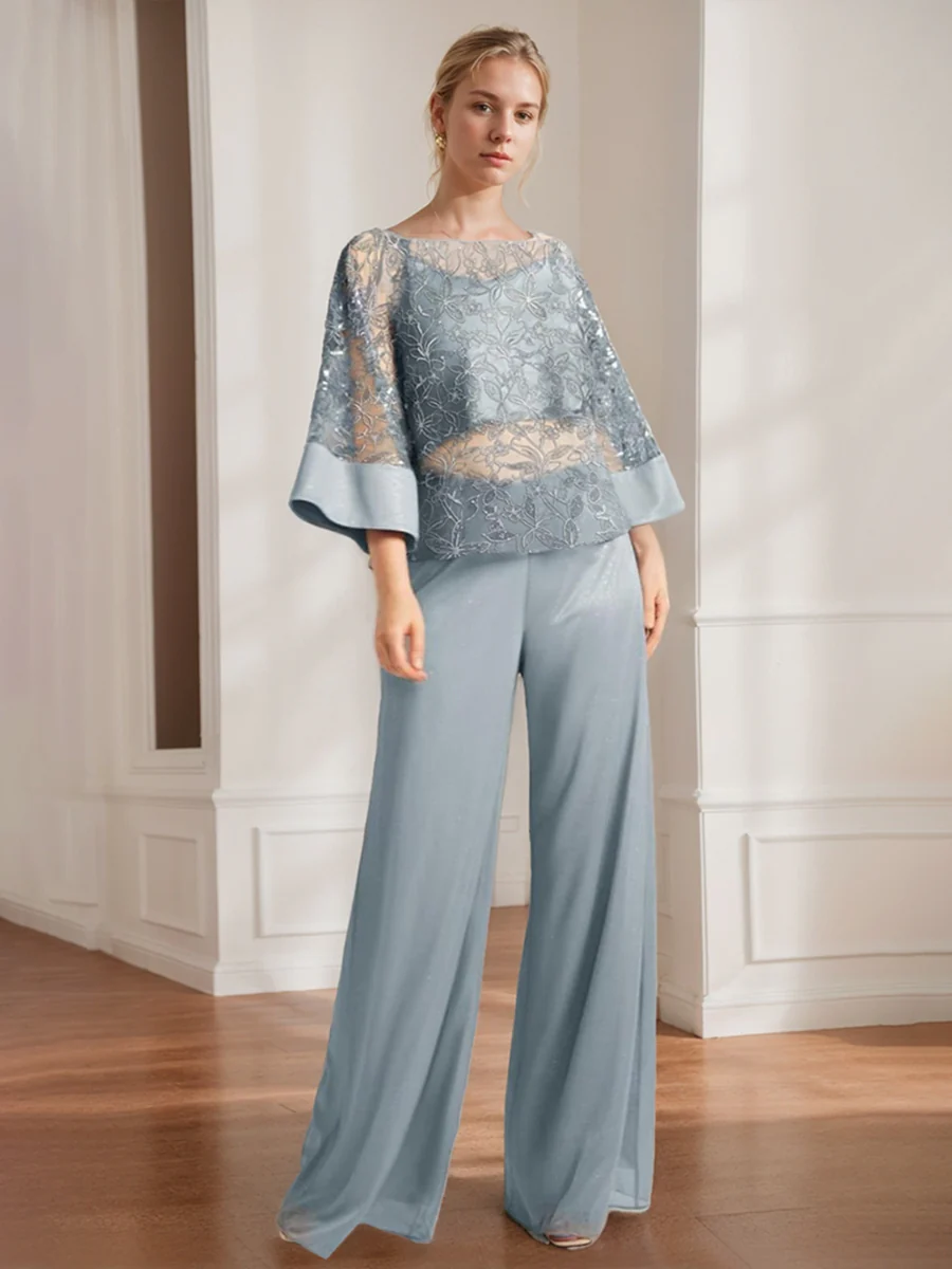 2-Pieces Chiffon Scoop Mother of the Bride Pantsuits with Lace Appliques & Sequins - Image 2