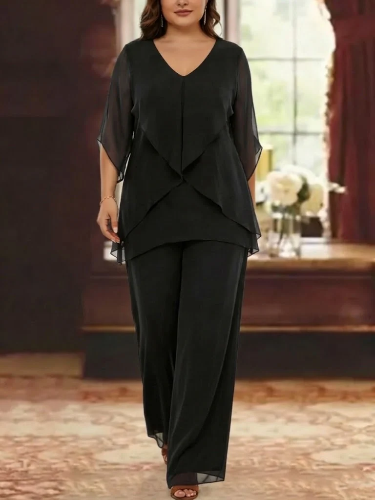 2 Pieces Chiffon V-Neck Plus Size Mother of the Bride Pantsuits with Ruffles Half Sleeves Ankle-Length - Image 5