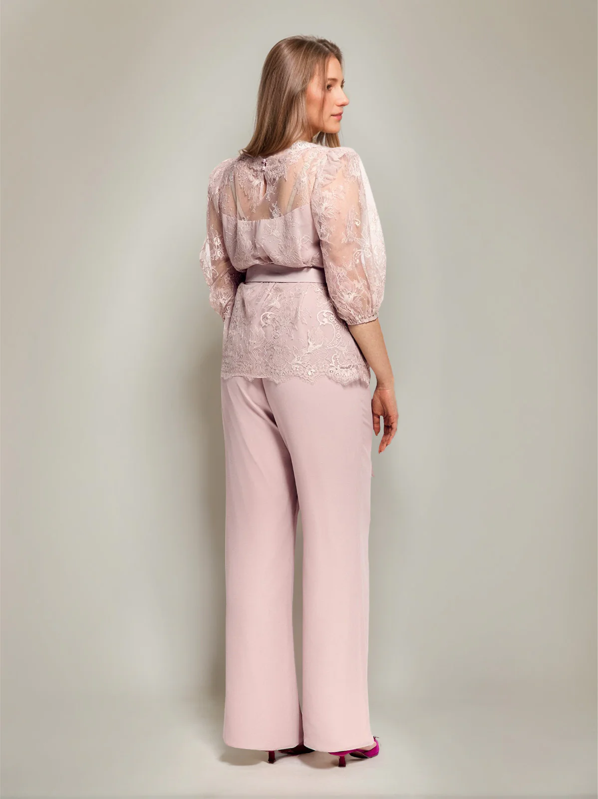 2 Pieces Round Neck Plus Size Half Sleeves Mother of the Bride Paintsuits with Lace & Sash - Image 2