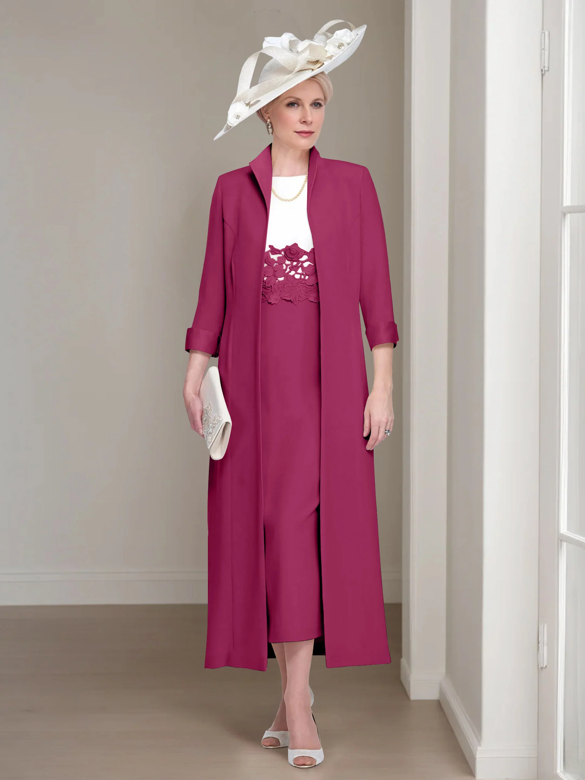 2 Pieces Round Neck Tea-Length Mother of the Bride Dresses with Jacket & Lace Appliques - Image 12