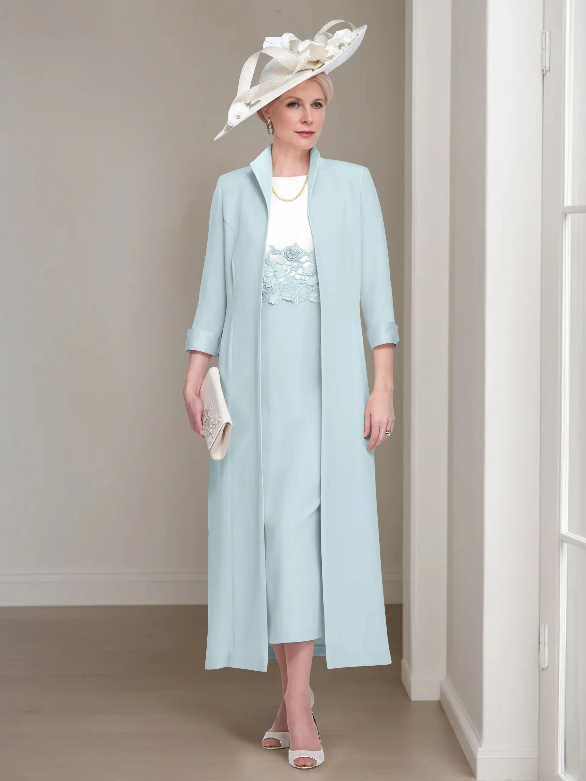 2 Pieces Round Neck Tea-Length Mother of the Bride Dresses with Jacket & Lace Appliques - Image 19