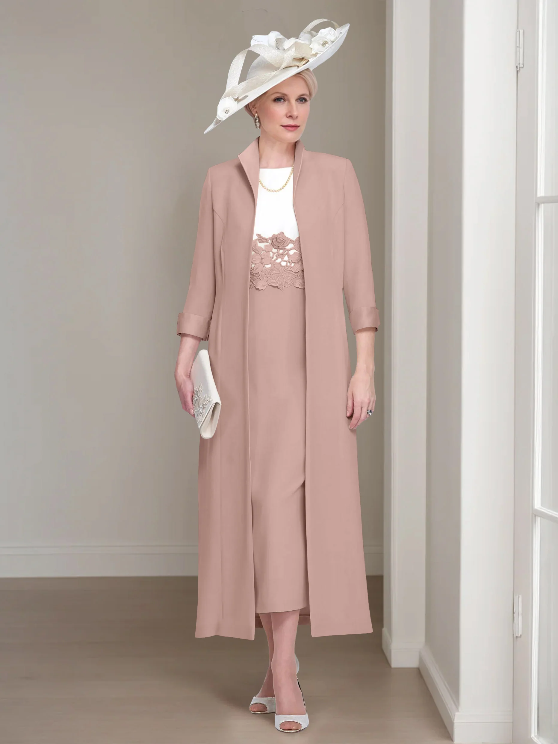 2 Pieces Round Neck Tea-Length Mother of the Bride Dresses with Jacket & Lace Appliques - Image 25