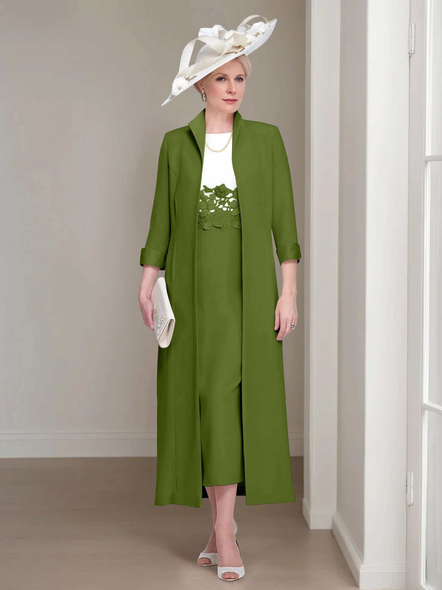 2 Pieces Round Neck Tea-Length Mother of the Bride Dresses with Jacket & Lace Appliques - Image 31