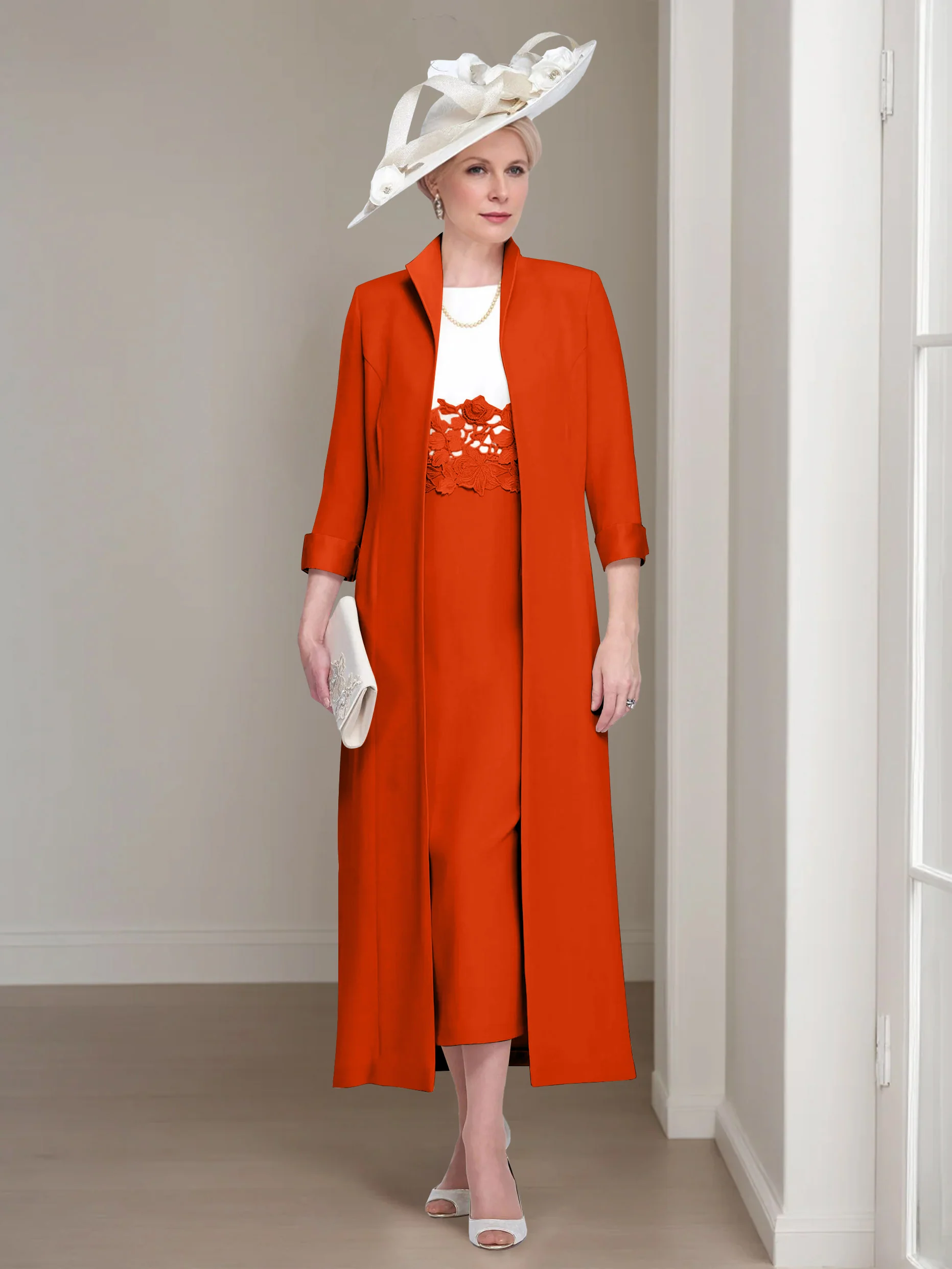 2 Pieces Round Neck Tea-Length Mother of the Bride Dresses with Jacket & Lace Appliques - Image 32