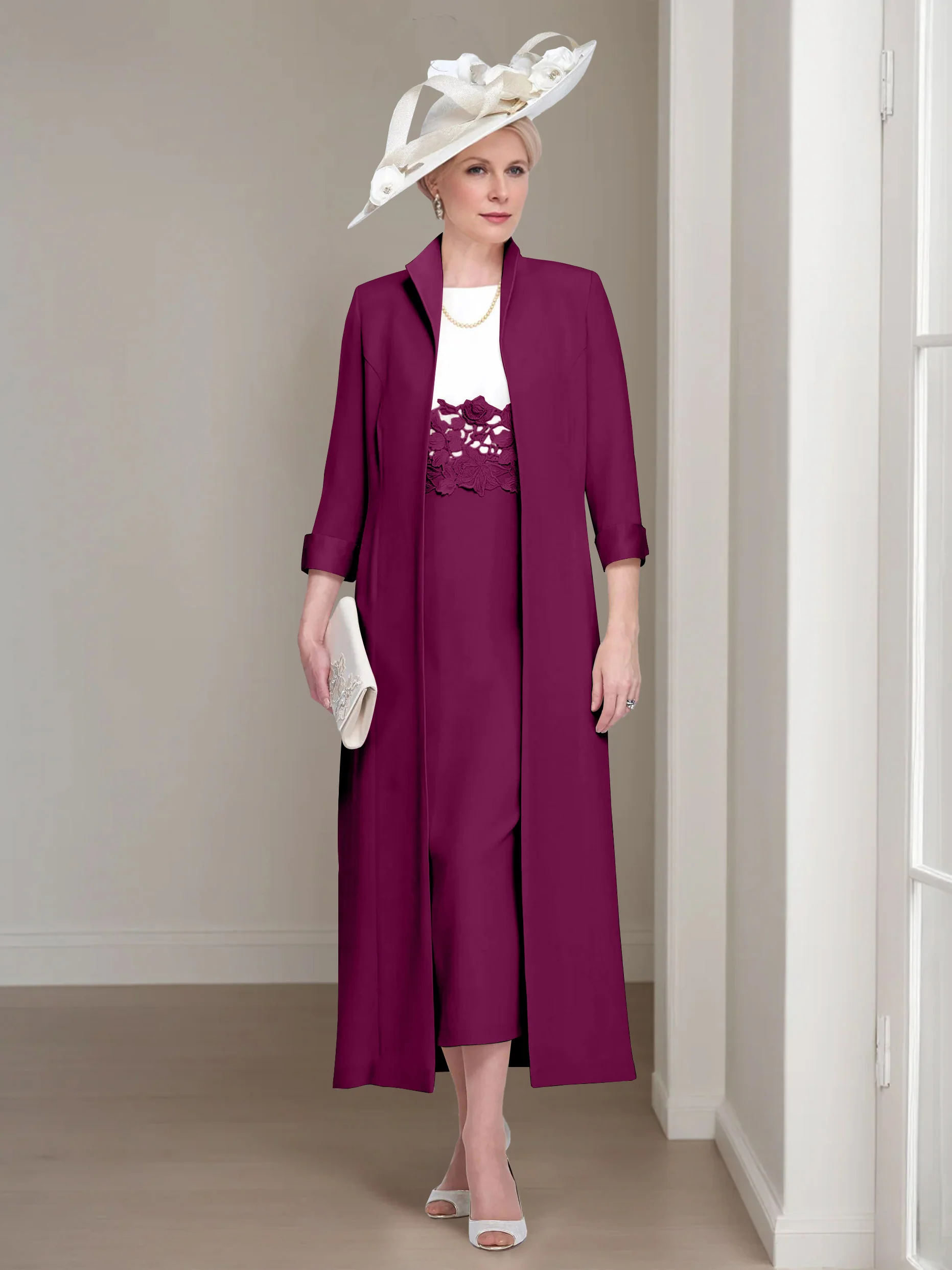 2 Pieces Round Neck Tea-Length Mother of the Bride Dresses with Jacket & Lace Appliques - Image 33