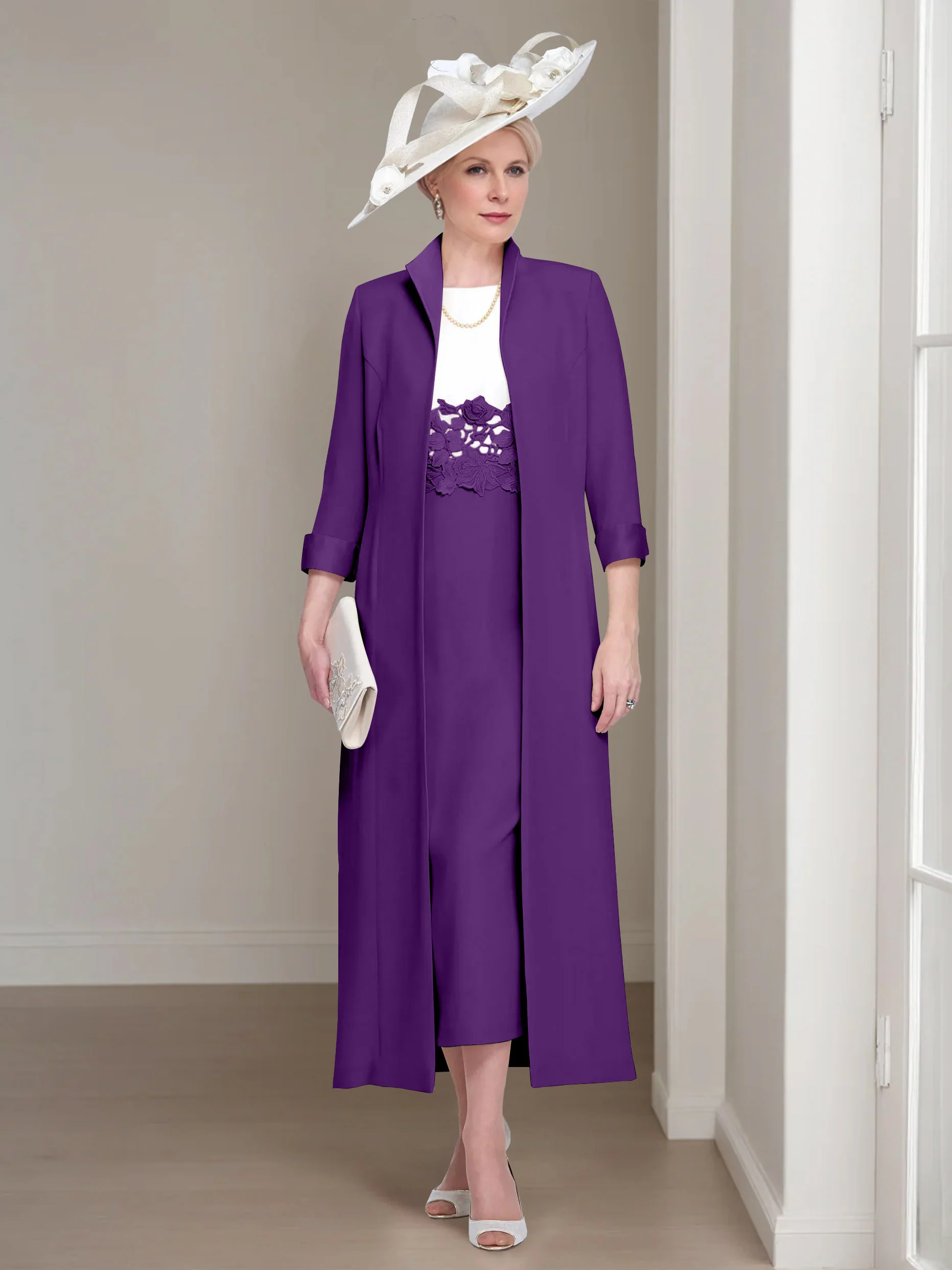 2 Pieces Round Neck Tea-Length Mother of the Bride Dresses with Jacket & Lace Appliques - Image 37