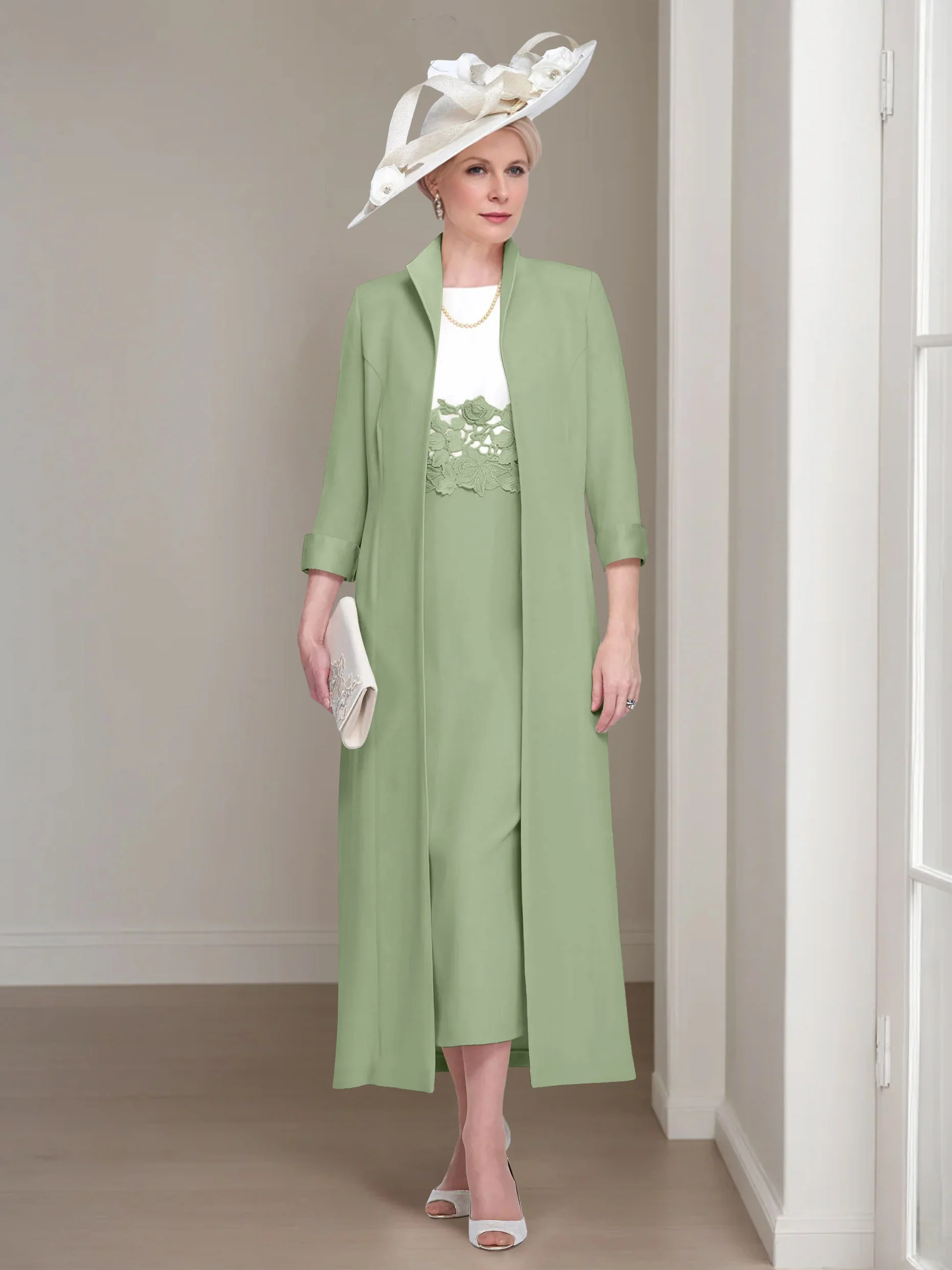 2 Pieces Round Neck Tea-Length Mother of the Bride Dresses with Jacket & Lace Appliques - Image 40