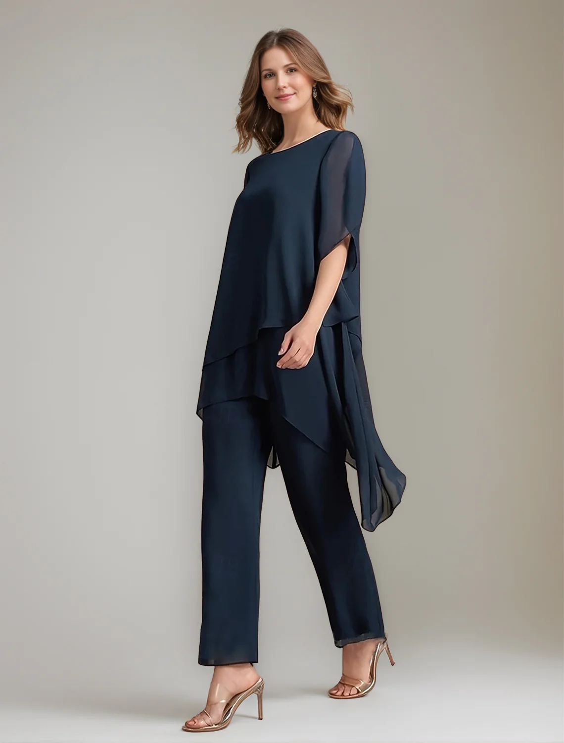 2 Pieces Scoop 1/2 Sleeves Ankle-Length Asymmetrical Mother Of The Bride Pantsuits With Button - Image 3