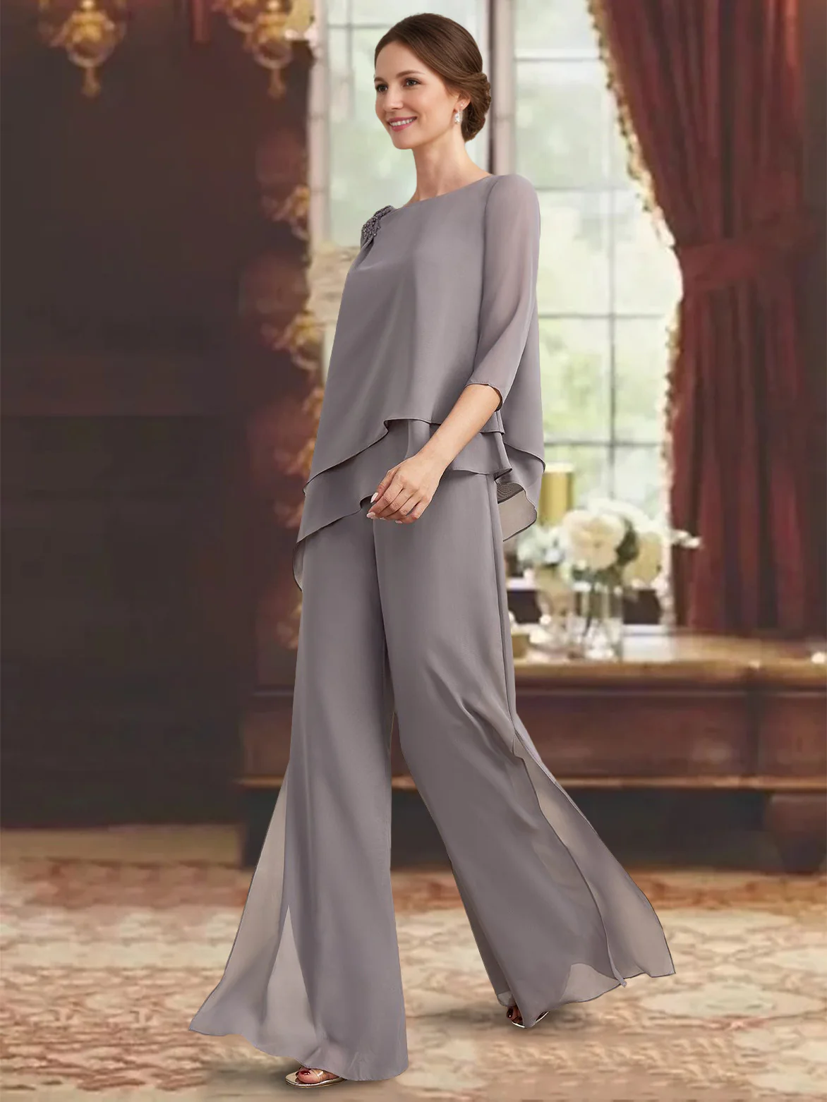 2 Pieces Scoop 3/4 Sleeves Floor-Length Mother of the Bride Pantsuits with Jewel Appliques - Image 3