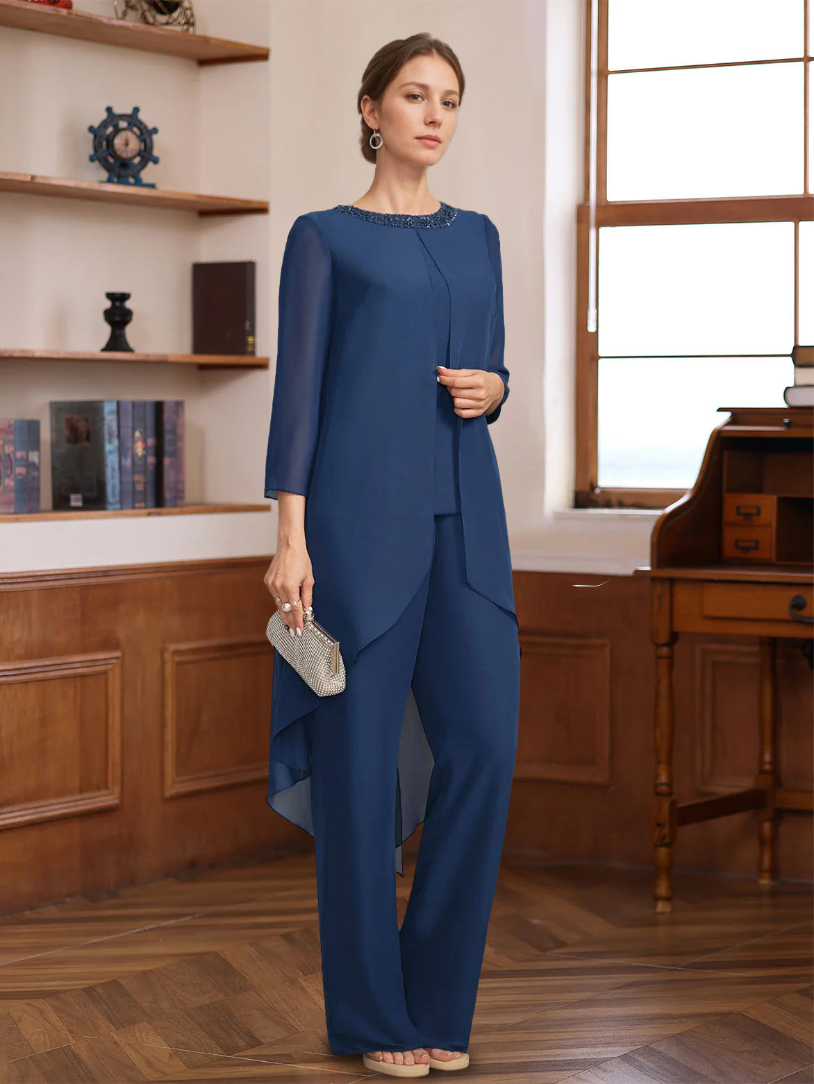 2 Pieces Scoop 3/4 Sleeves Floor-Length Mother of the Bride Pantsuits with Sequins & Beads - Image 3
