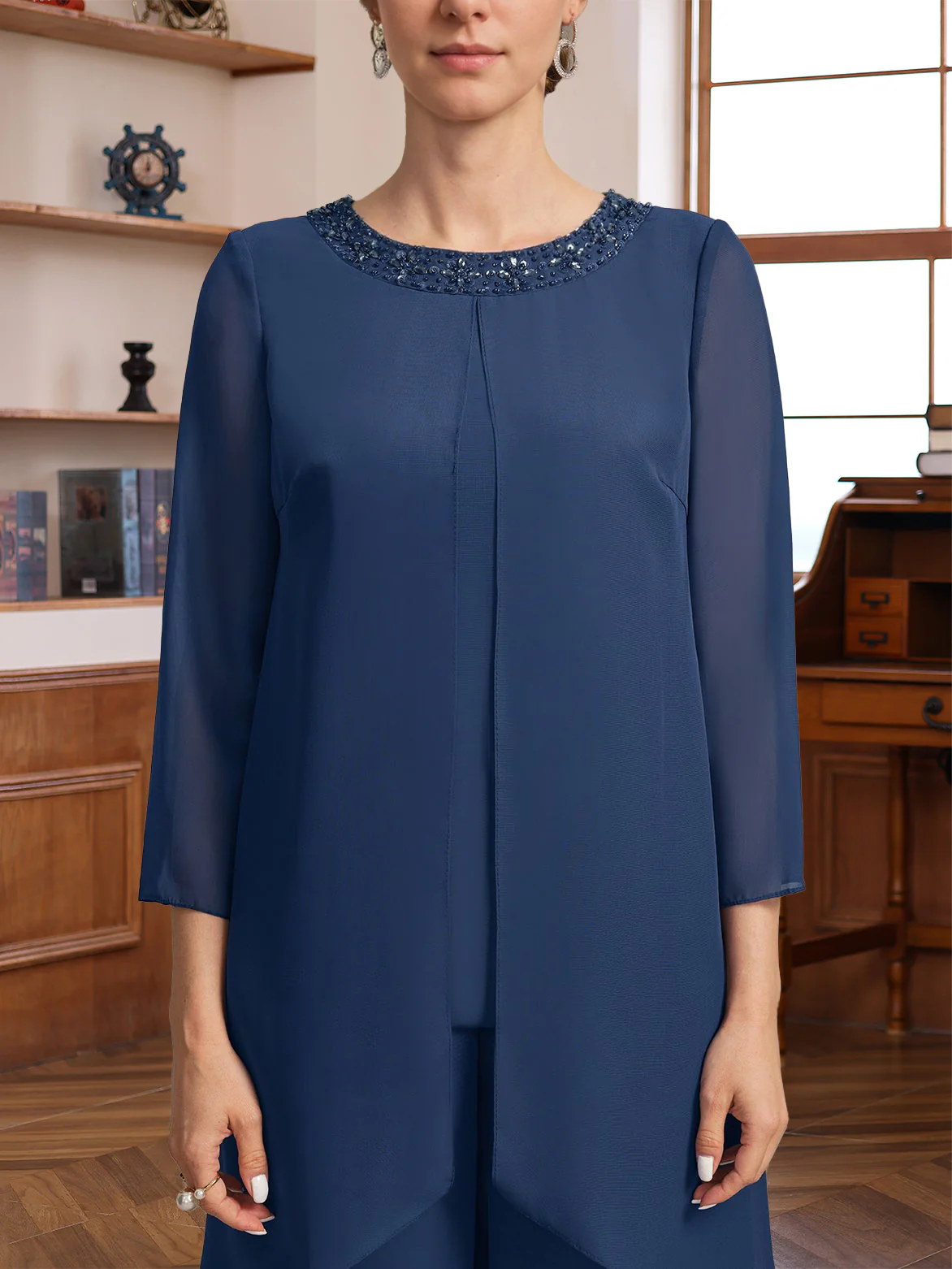 2 Pieces Scoop 3/4 Sleeves Floor-Length Mother of the Bride Pantsuits with Sequins & Beads - Image 4