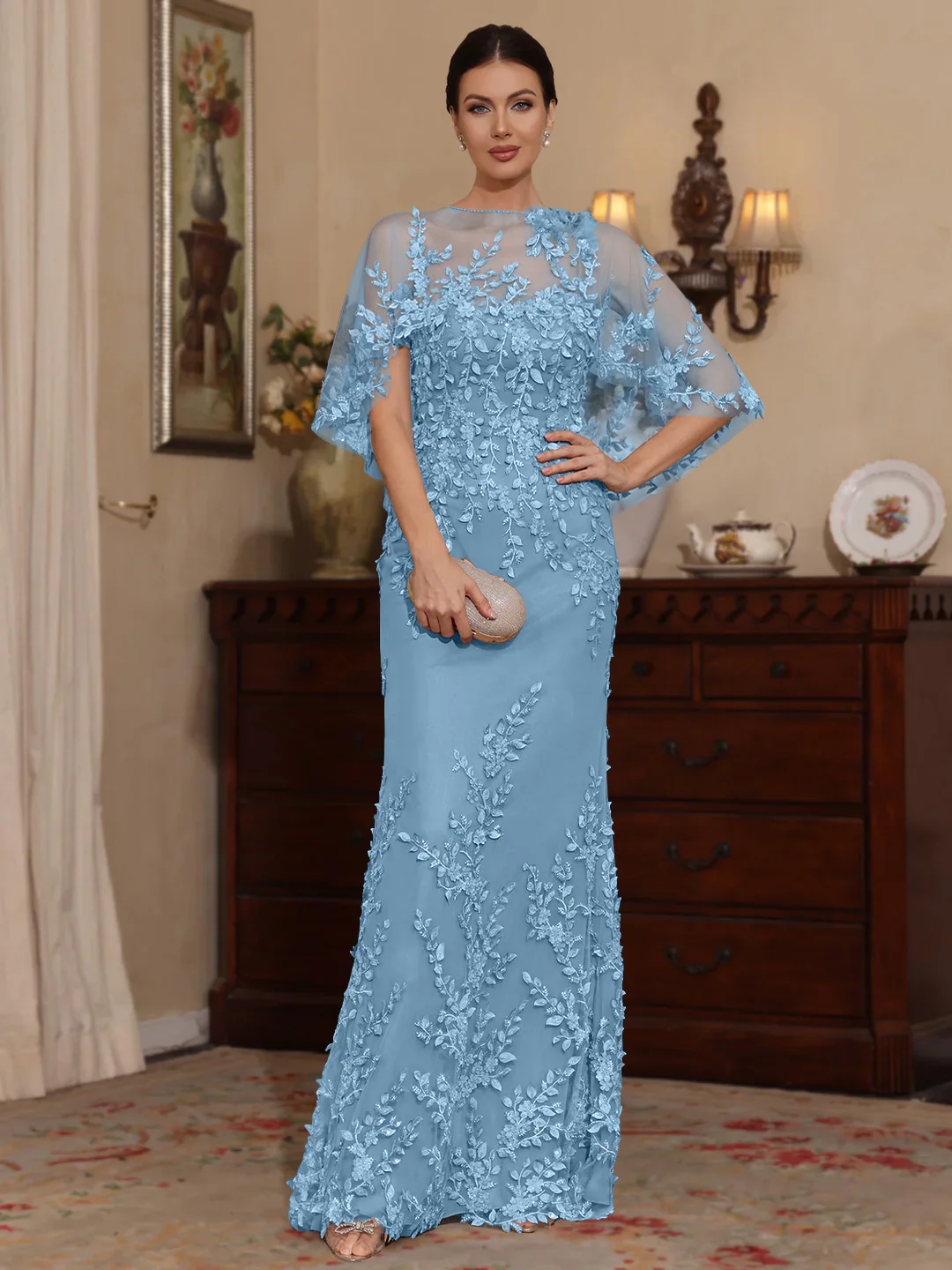 2 Pieces Sheath/Column Scoop Lace Mother of the Bride Dresses with Wrap Beading Half Sleeves Floor-Length - Image 30