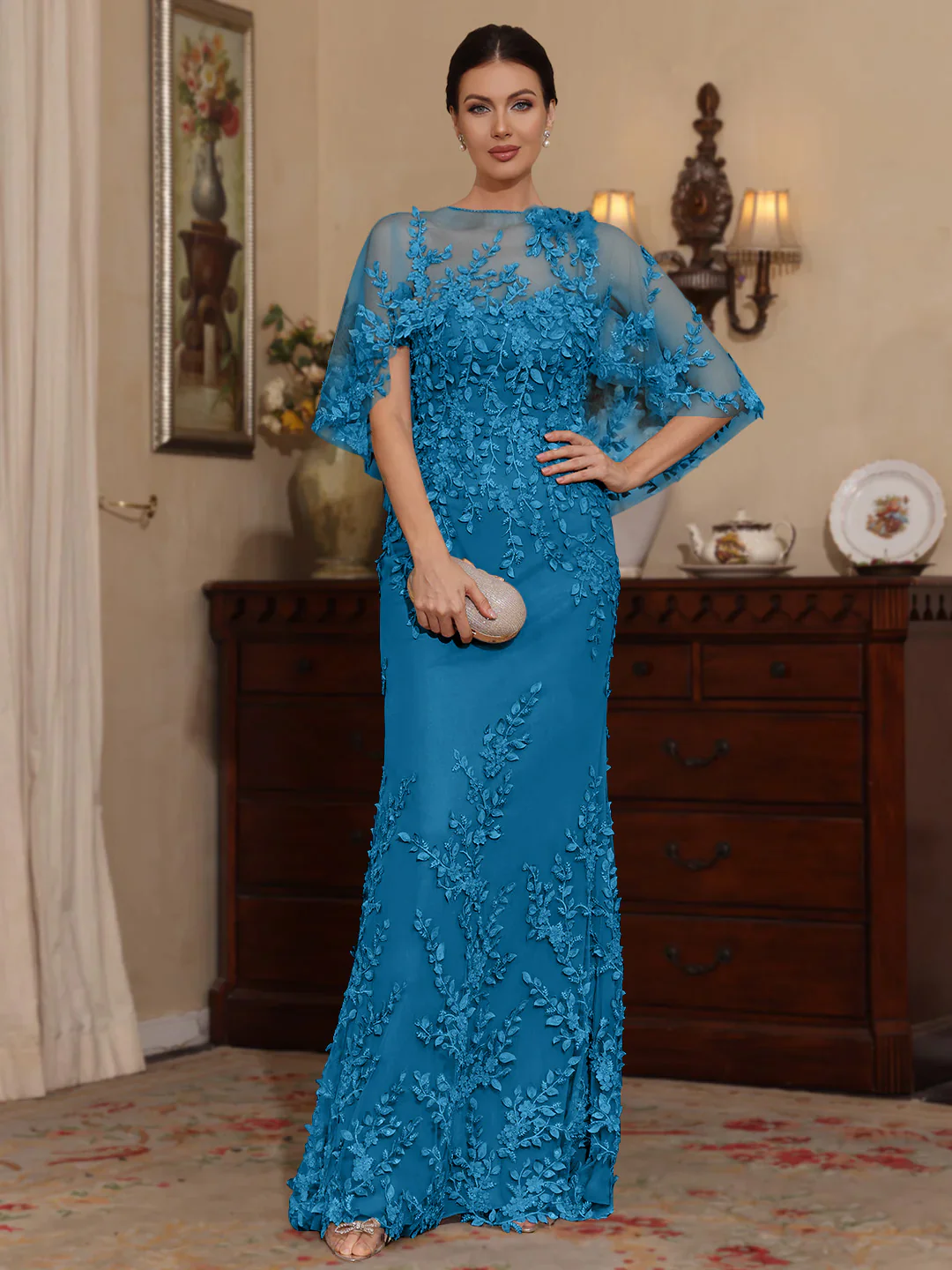 2 Pieces Sheath/Column Scoop Lace Mother of the Bride Dresses with Wrap Beading Half Sleeves Floor-Length - Image 34