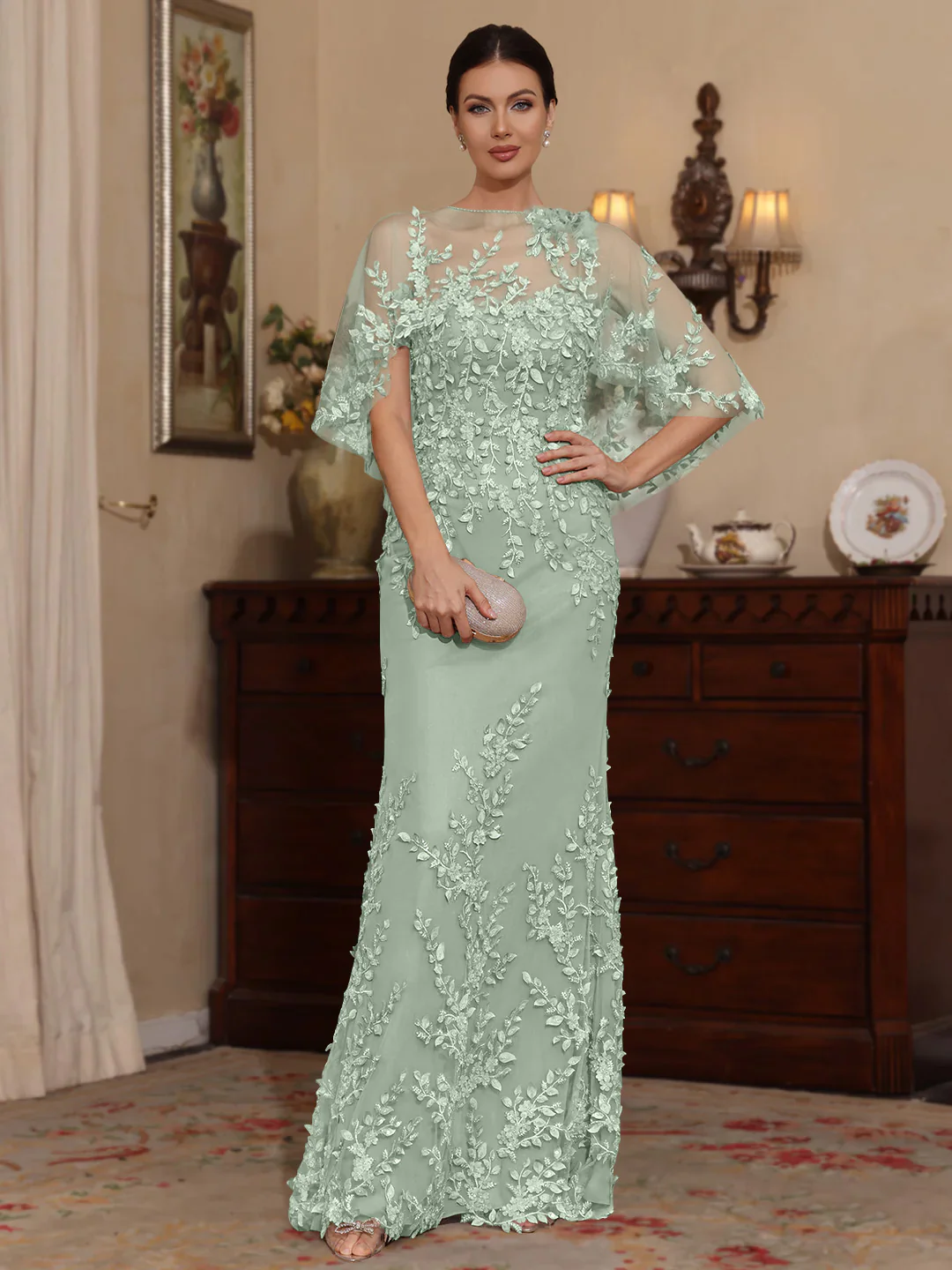 2 Pieces Sheath/Column Scoop Lace Mother of the Bride Dresses with Wrap Beading Half Sleeves Floor-Length - Image 44