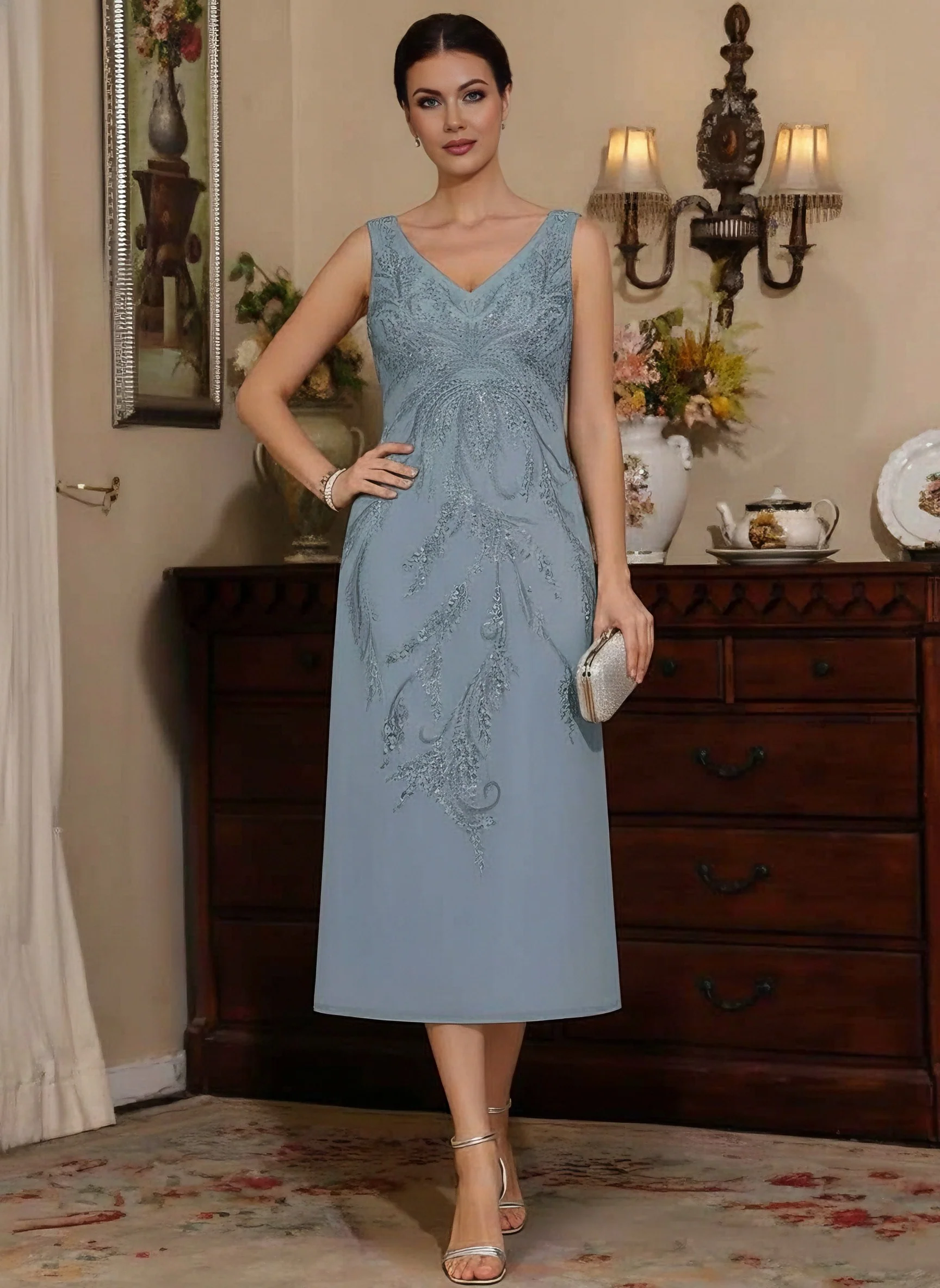 2 Pieces Sheath/Column V-Neck Chiffon Mother of the Bride Dresses with Jacket Sequins Tea-Length Long Sleeves - Image 3