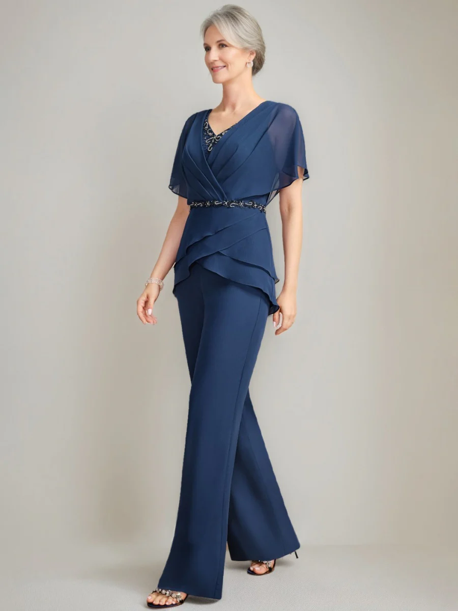2 Pieces V-Neck Ruched Flutter Sleeves Floor-Length Beading Mother of the Bride Pantsuits - Image 3