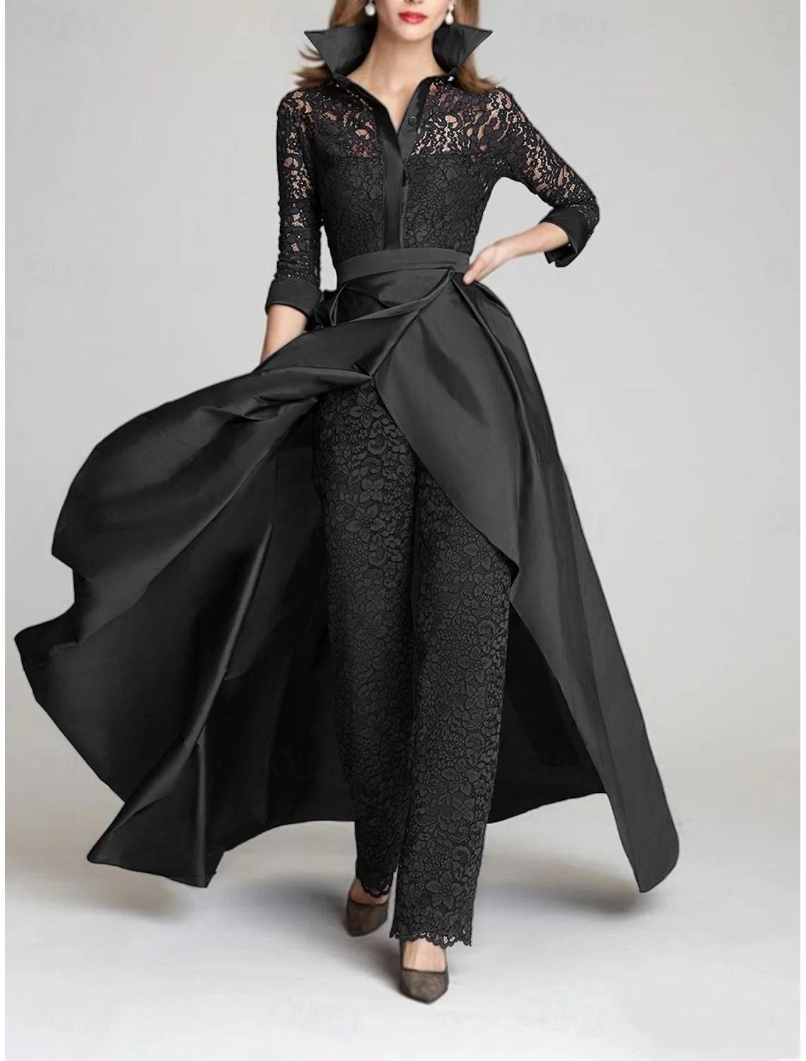3/4 Sleeves 2 Pieces Mother of the Bride Pantsuits Lace Shirt Collar Jumpsuit Ruched Detachable - Image 3