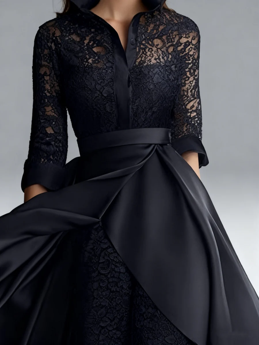 3/4 Sleeves 2 Pieces Mother of the Bride Pantsuits Lace Shirt Collar Jumpsuit Ruched Detachable - Image 4