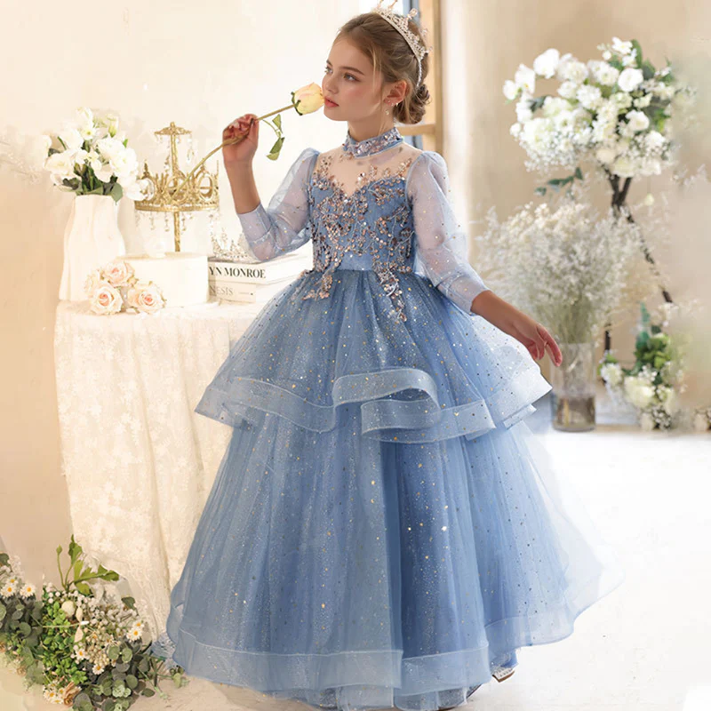Long Sleeves A-Line/Princess High Neck Girl Party Dress with  Rhinestones Appliques - Image 3