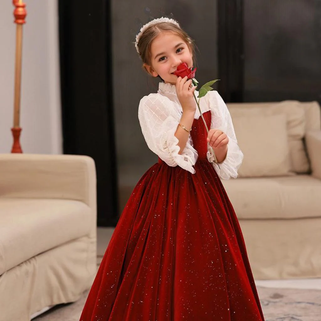 3/4 Sleeves Floor Length High Neck A-Line/Princess Flower Girl Dresses - Image 5