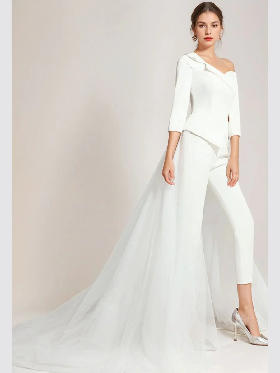3/4 Sleeves One-Shoulder White Tulle Elegant Wedding Pant Suit Styles - Image 2