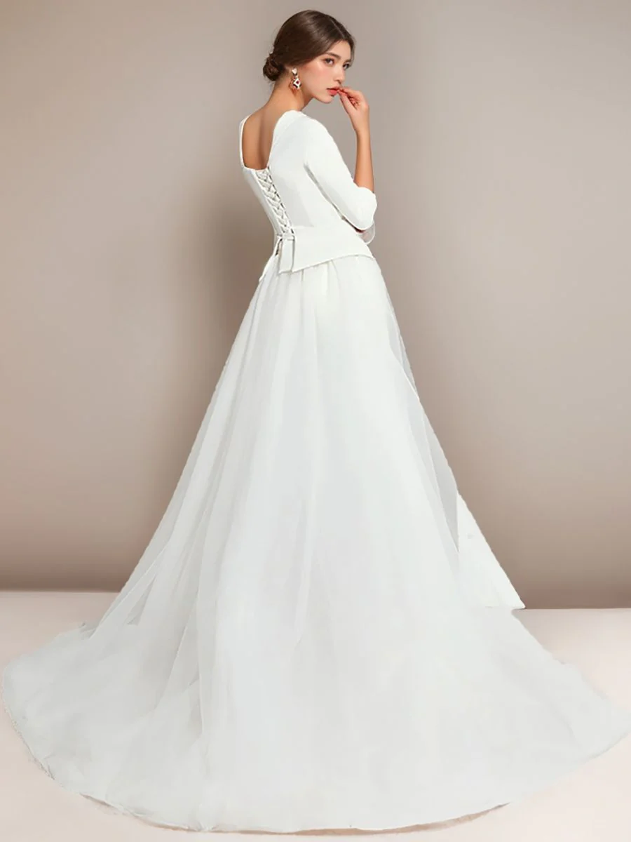 3/4 Sleeves One-Shoulder White Tulle Elegant Wedding Pant Suit Styles - Image 3