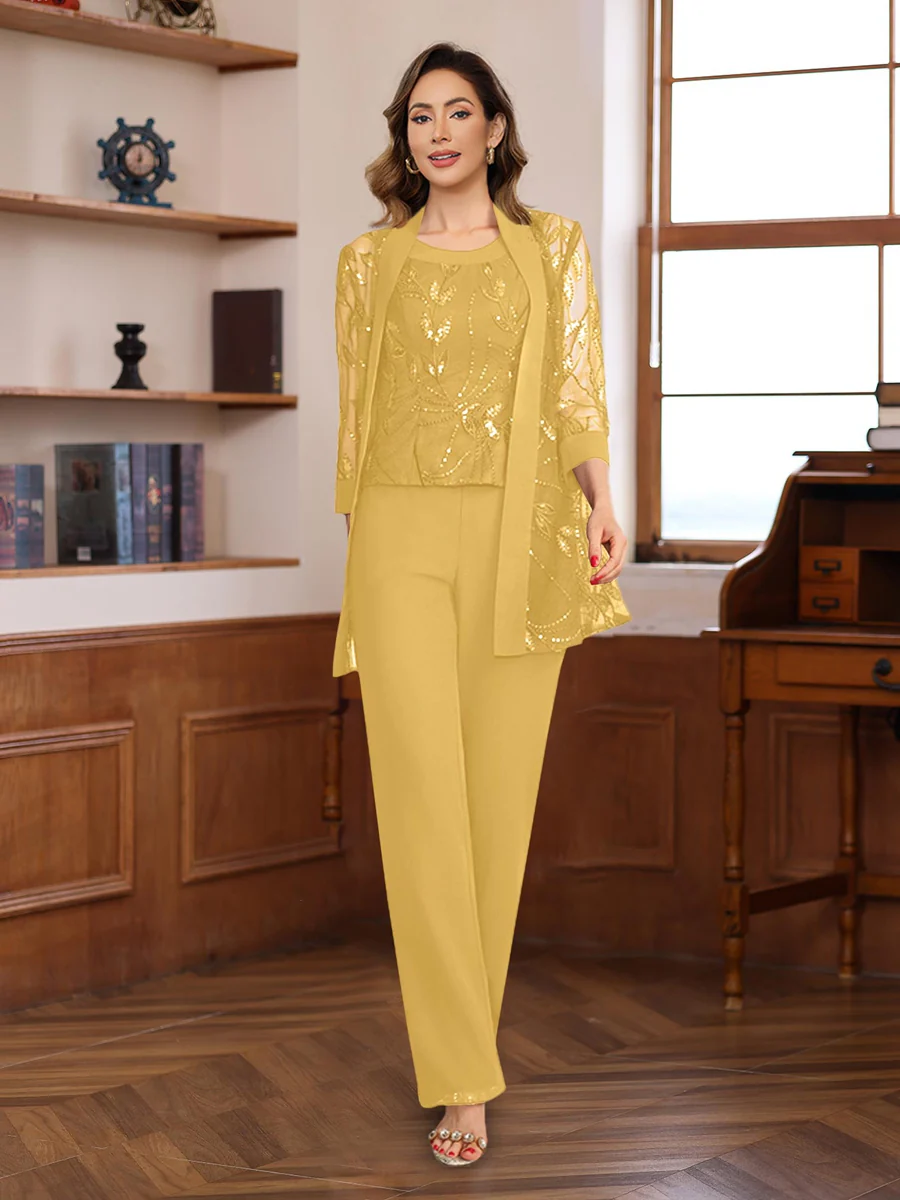 3 Pieces Chiffon Round Neck Floor-Length Mother of the Bride Pantsuits with Sequins - Image 22