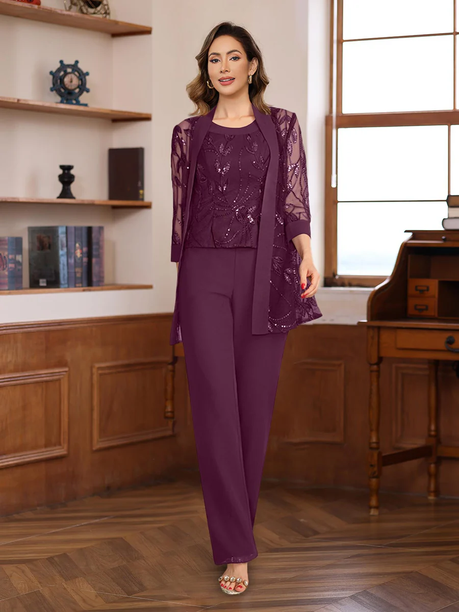 3 Pieces Chiffon Round Neck Floor-Length Mother of the Bride Pantsuits with Sequins - Image 23