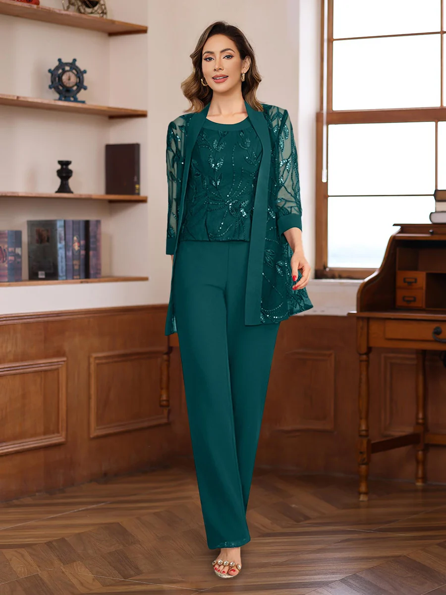 3 Pieces Chiffon Round Neck Floor-Length Mother of the Bride Pantsuits with Sequins - Image 25